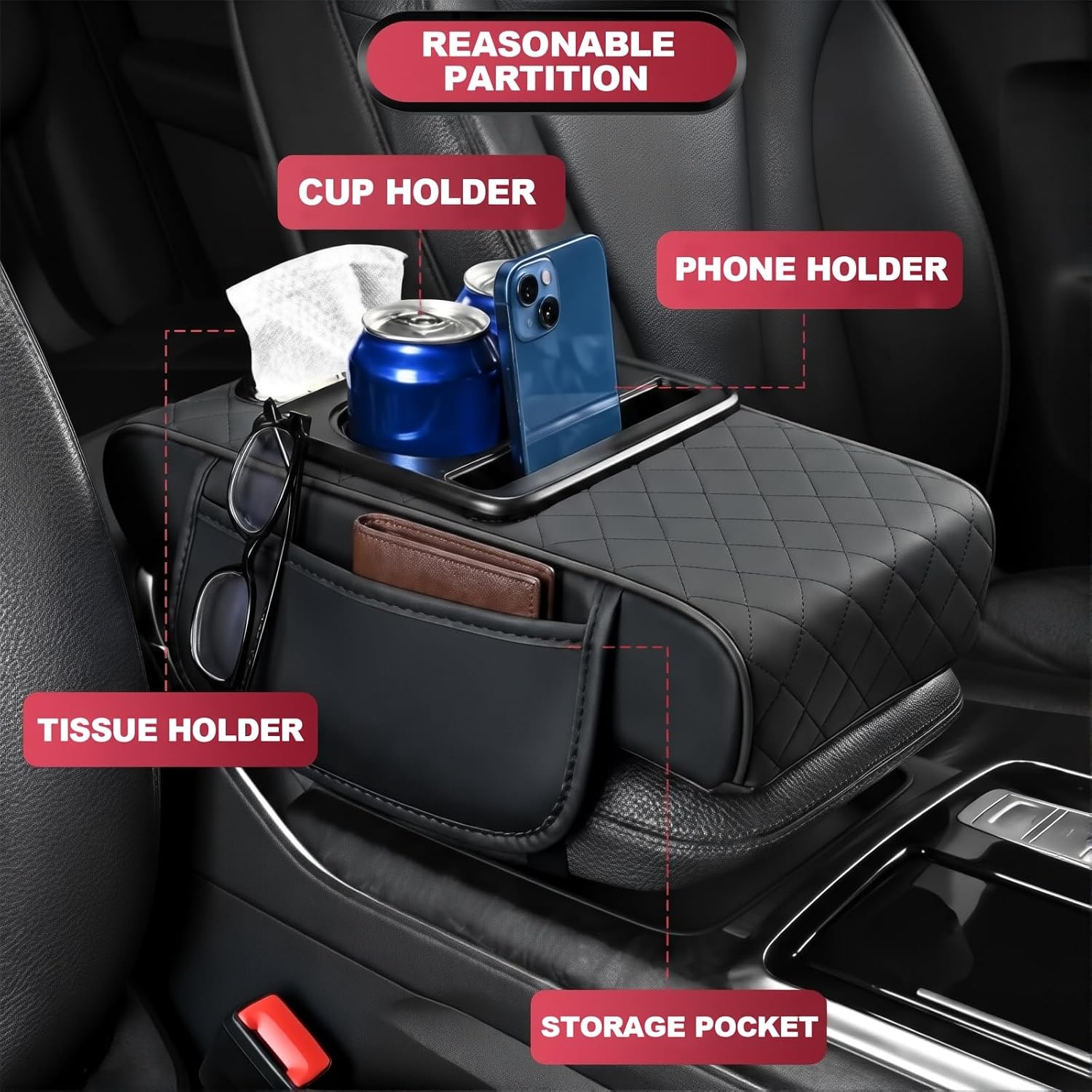 XUKEY Multifunctional Pu Leather Car Armrest Box Mat Car Armrest Cushion 5-in-1 Center Console Cover Pad with 2 Storage Bags Cup Holder, Tissue Box Slot, Phone Slot for Most Cars (Gray)