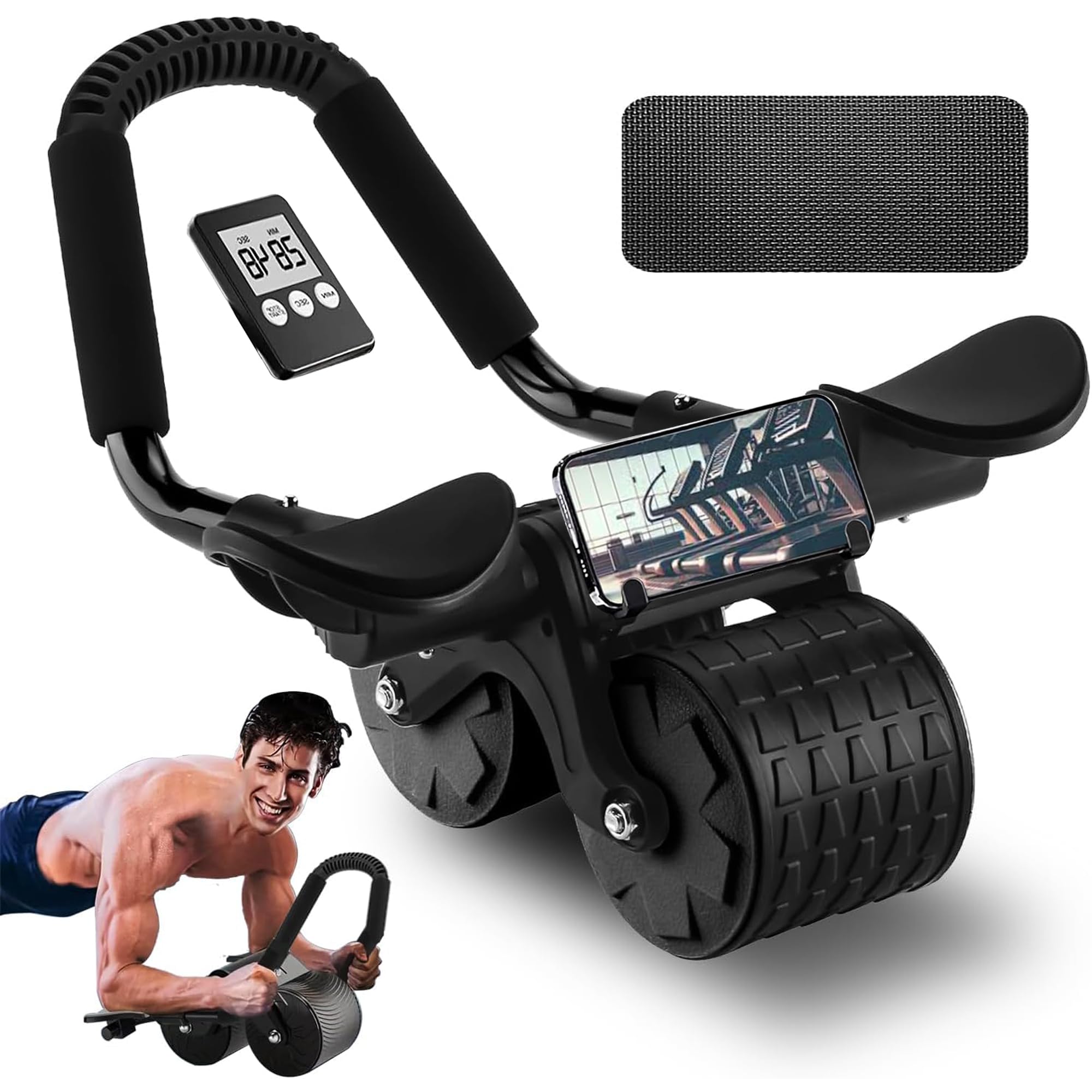 US1984 Automatic Rebound Abdominal Roller Wheel Kit, Elbow Support with Knee Pad & Timer, Ab Roller Workout Equipment, Abs Fitness and Dynamic Core Trainer Plank Exercise for Home Gym (Black)