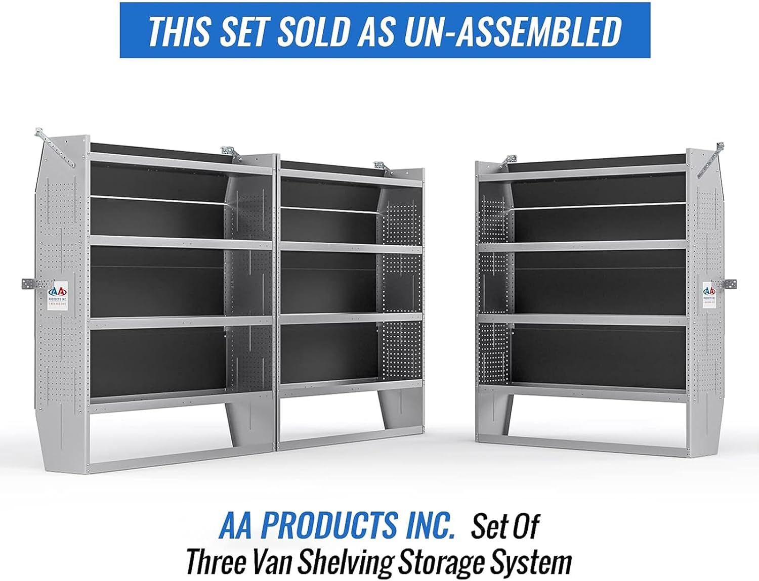 AA Products SH-6005(3) Steel Mid/High Roof Van Shelving Storage System Fits Transit, NV, Promaster and Sprinter, Set of 3 Van Shelving Units, 52''W x 60''H x 13''D