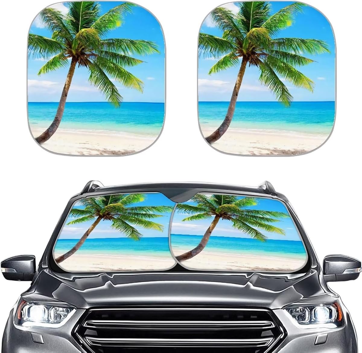 Renewold Parasol para parabrisas de coche, paquete de 2 cubiertas reflectantes plegables para ventana frontal con estampado de palmera tropical, ayuda a mantener los interiores más frescos y bloquea los rayos UV, se adapta a la mayoría de los coches