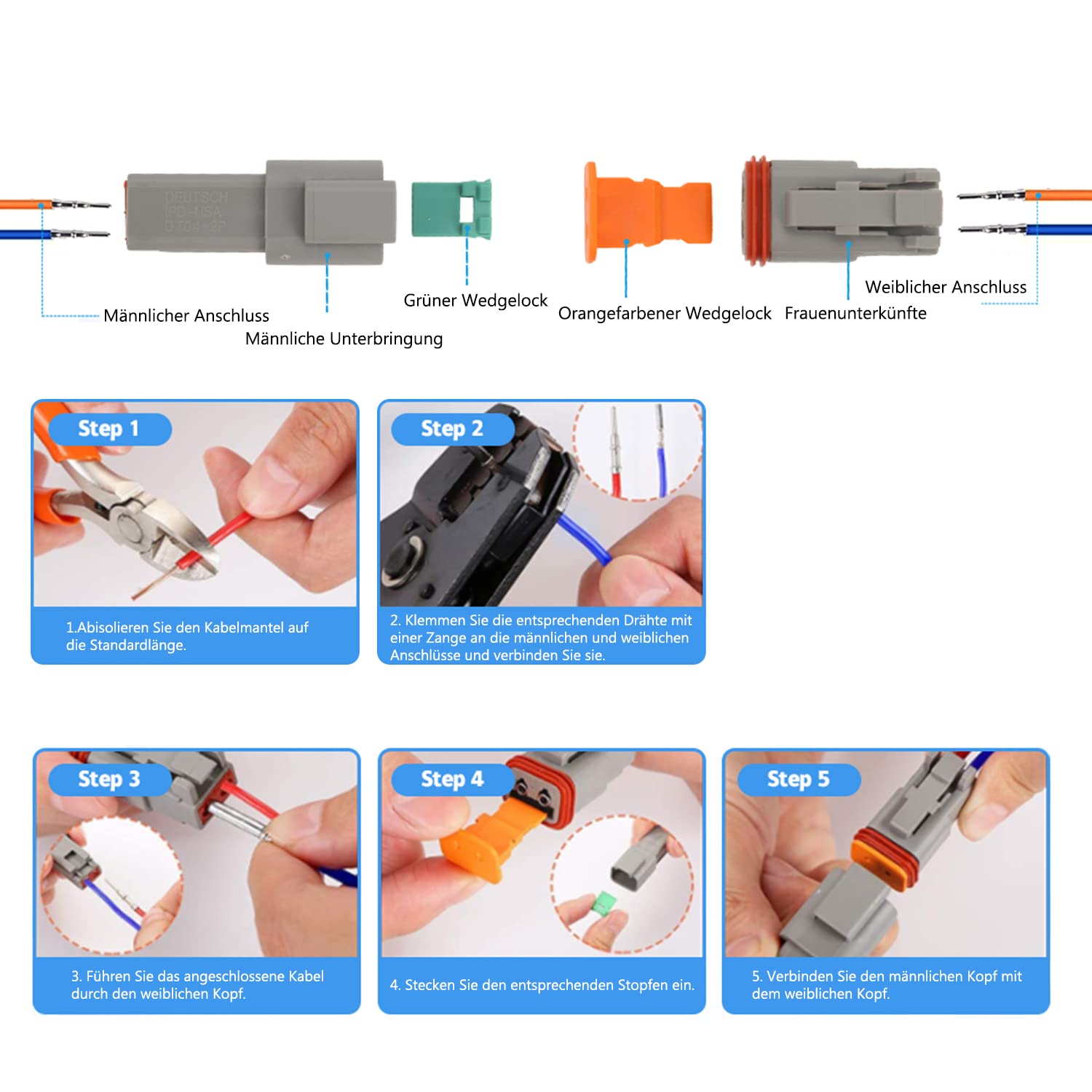 Lot De 8 Connecteurs DT 2 Broches Étanchés – Fiches Allemandes Étanches 22-18 AWG Pour Voiture, Moto, Bateau, Camion