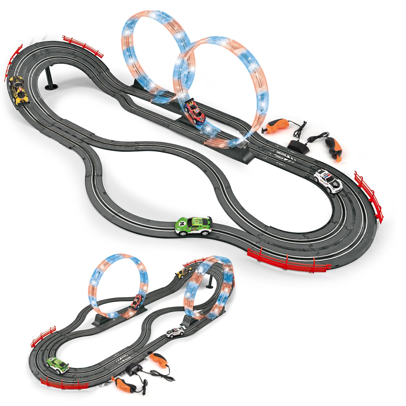 Slot Car Race Track Set with 4 High-Speed Cars, 2 in 1 Electric Track, Dual Racing Game with Controllers, for Kids Ages 8-12.