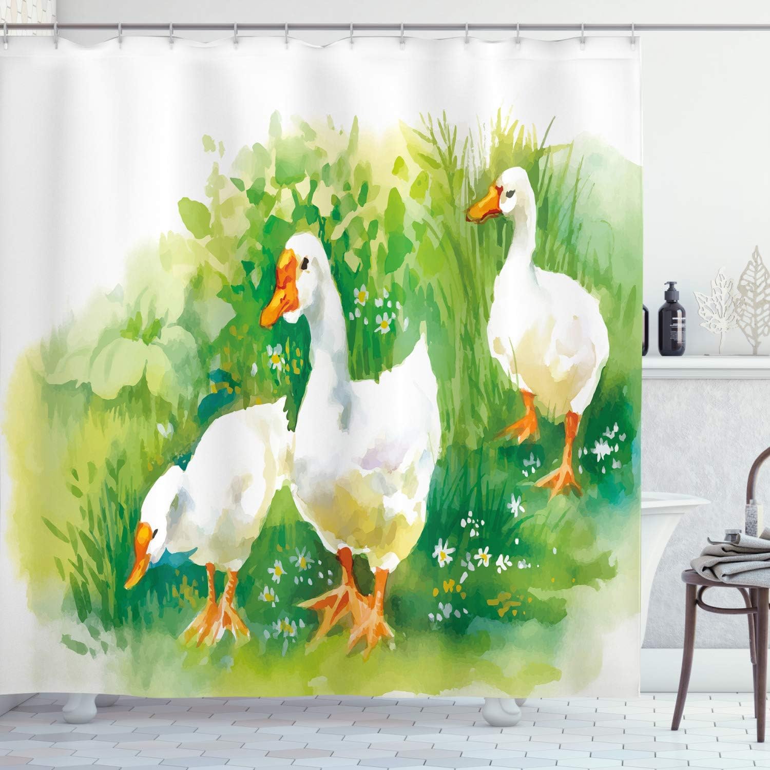Ambesonne Rubber Duck Shower Curtain, Goose in Farm Lake Plants Grass Reeds Flowers Pond Animals Geese Feathers, Cloth Fabric Bathroom Decor Set with Hooks, 69" W x 75" L, Green and White