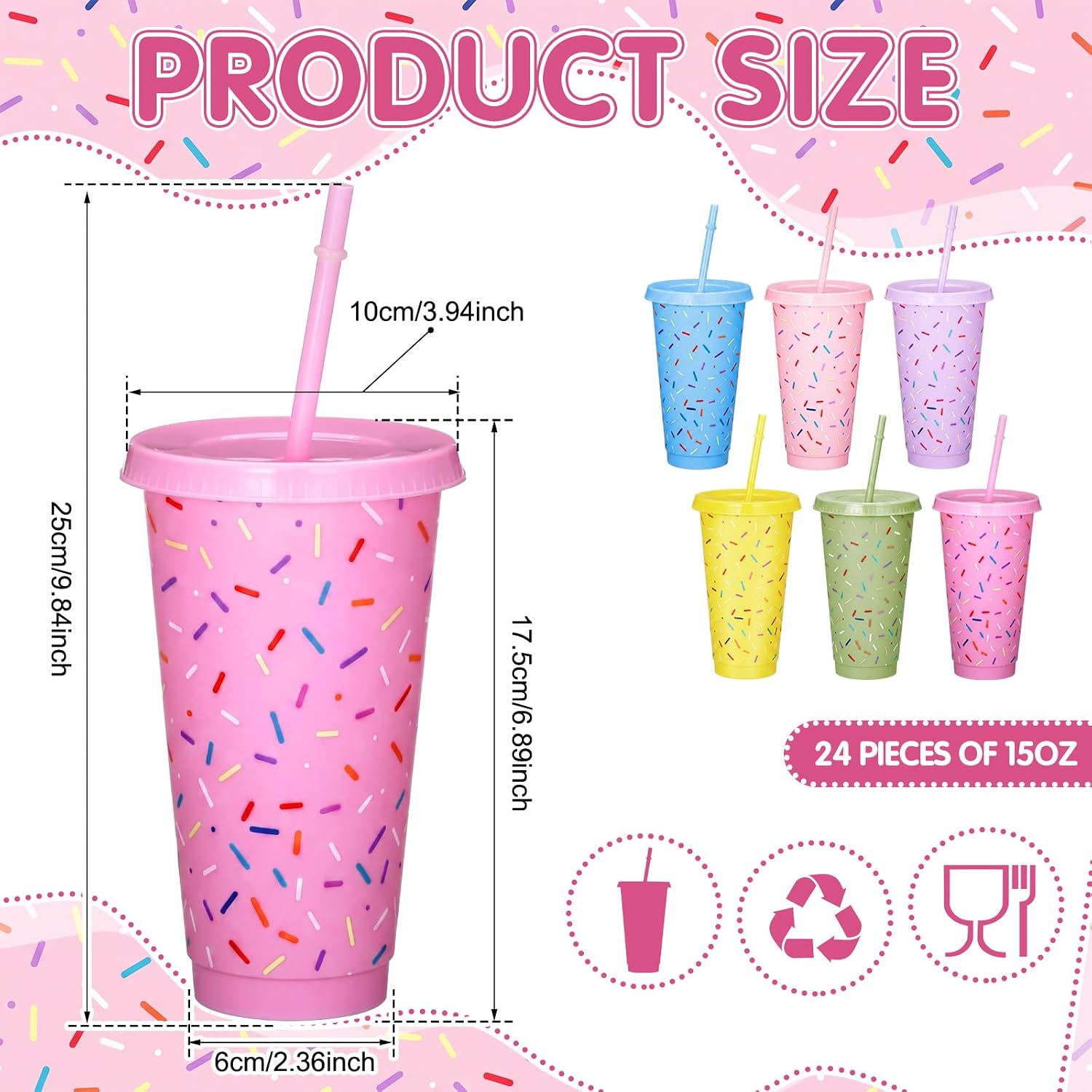 Hushee 24 Pcs Sprinkle Cups 24oz Reusable Plastic Confetti Donut Sprinkles Party Tumblers with Lid and Straws Party Supplies for Sweet Birthday Wedding Baby Shower Decorations