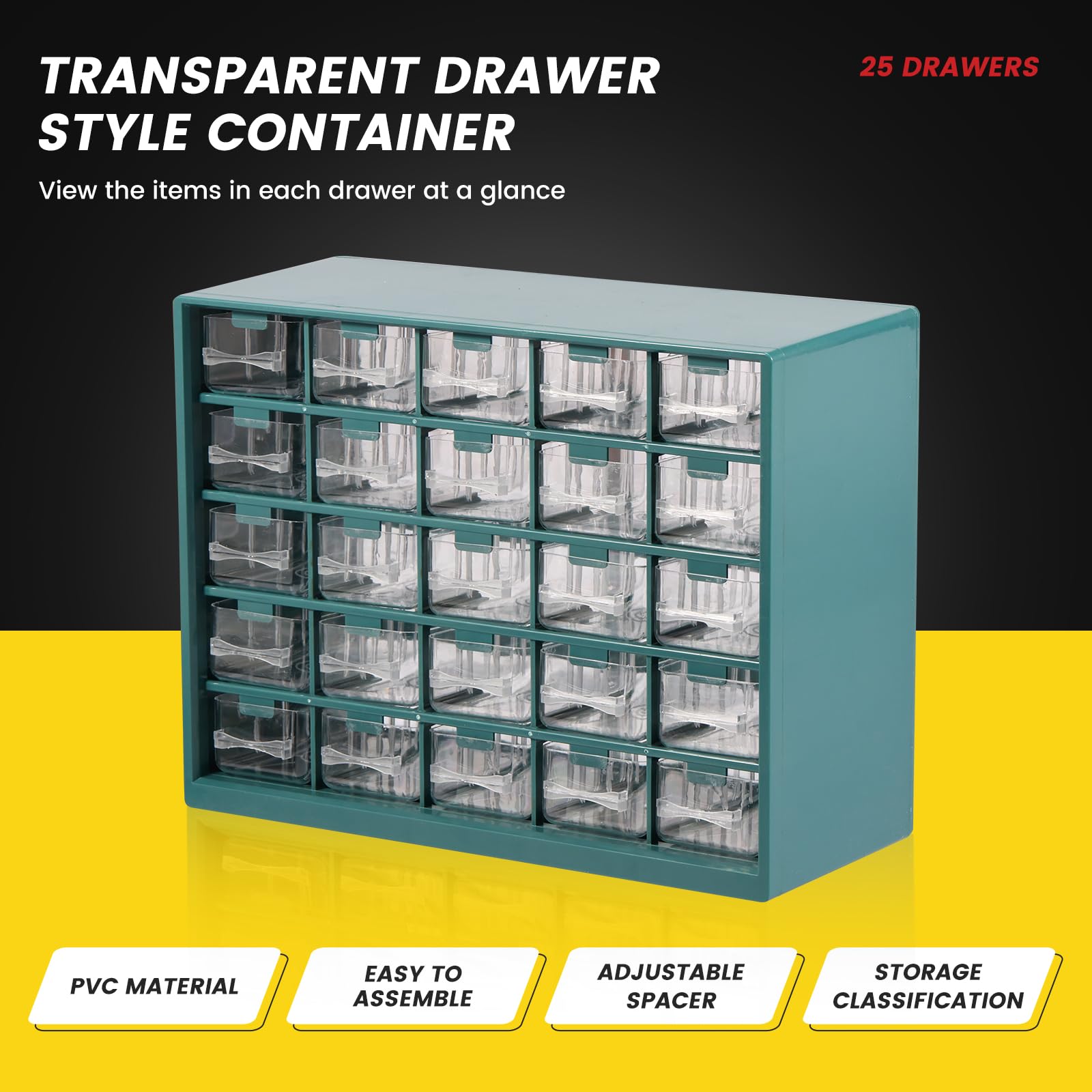 Organizador de almacenamiento de hardware de 25 compartimentos visible, organizador de tornillos de 25 cajones, gabinete para garaje, cobertizo, caja de herramientas de bricolaje, cajón de plástico