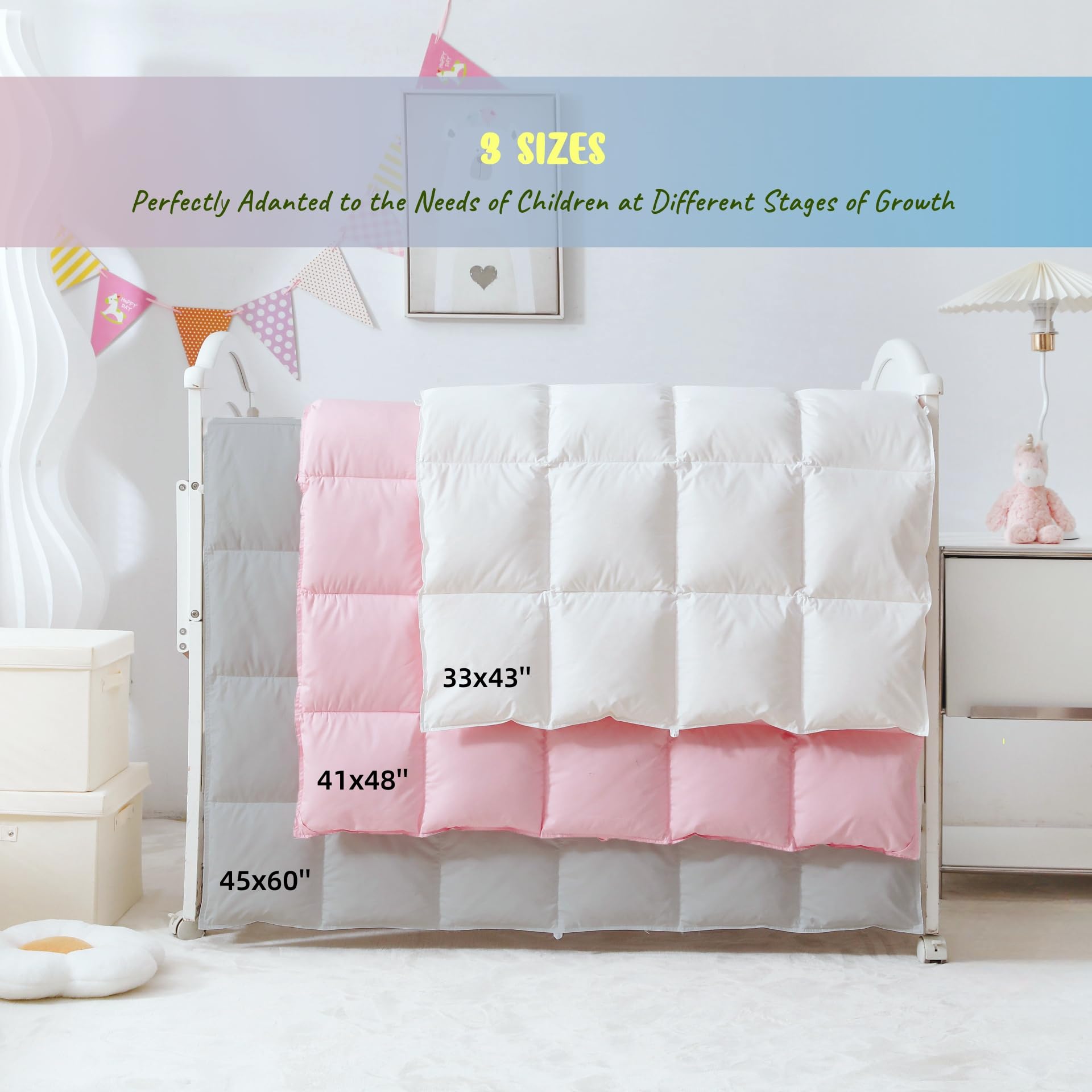 Baby Crib Comforter/Duvet/Blanket All Season 100% Natural White Goose Down Filled,Noiseless 500 Thread Count 100% Cotton Fabric 750+Fill Power (White, 41x48in)