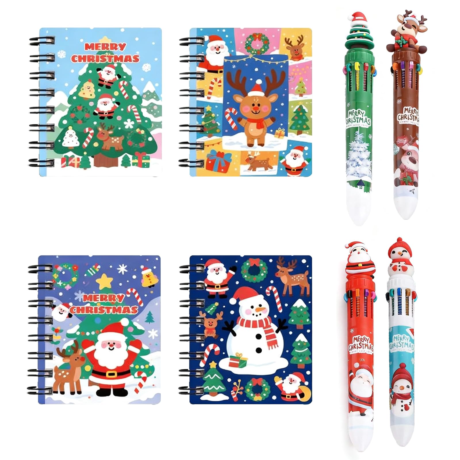 CBMZHF Christmas Stationery 4 Spiral Notebooks (10.5x7.4 cm) & 4 Multi-Color Pens (10 Colors) - Santa and Reindeer Holiday Theme