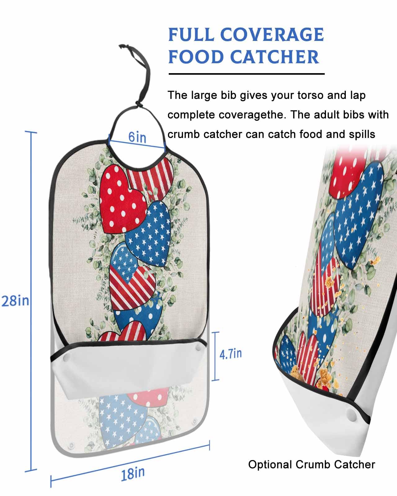 LEOKOTI 4th of July Adult Bibs for Eating, Waterproof Bibs with Food Catcher & Adjustable Snap Closure, Red Blue Love Heart Eucalyptus Leaves Rustic Washable Clothing Protectors Adult Bibs for Elderly