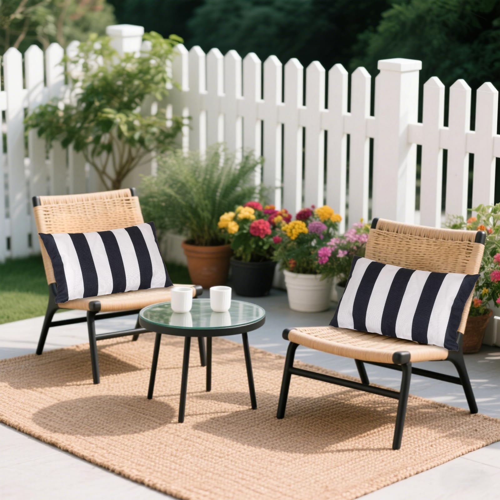 tiggell Lot de 4 Housses de Coussin décoratives imperméables pour extérieur, Jardin, terrasse, canapé, Balcon, Rayures (Noir et Blanc, 30,5 x 50,8 cm)
