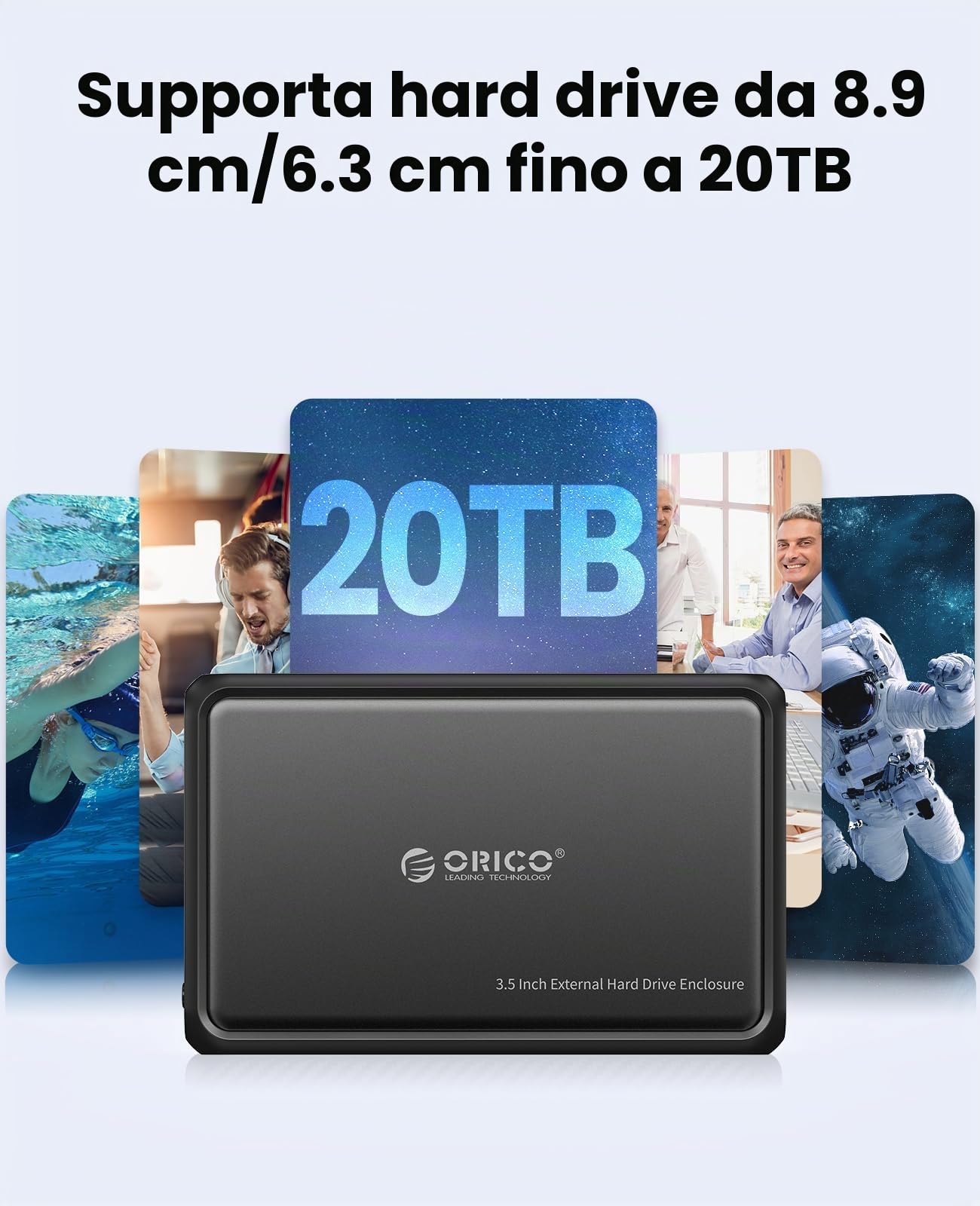 ORICO Case HDD 3.5" SATA USB 3.0 Esterno Custodia Disco Rigido per HDD e SSD SATA da 2.5/3.5 Pollici, Supporta UASP e Drive da 20TB, Adattatore Corrente 12V/2A Incluso (Metallo + ABS/DDL35-U3)