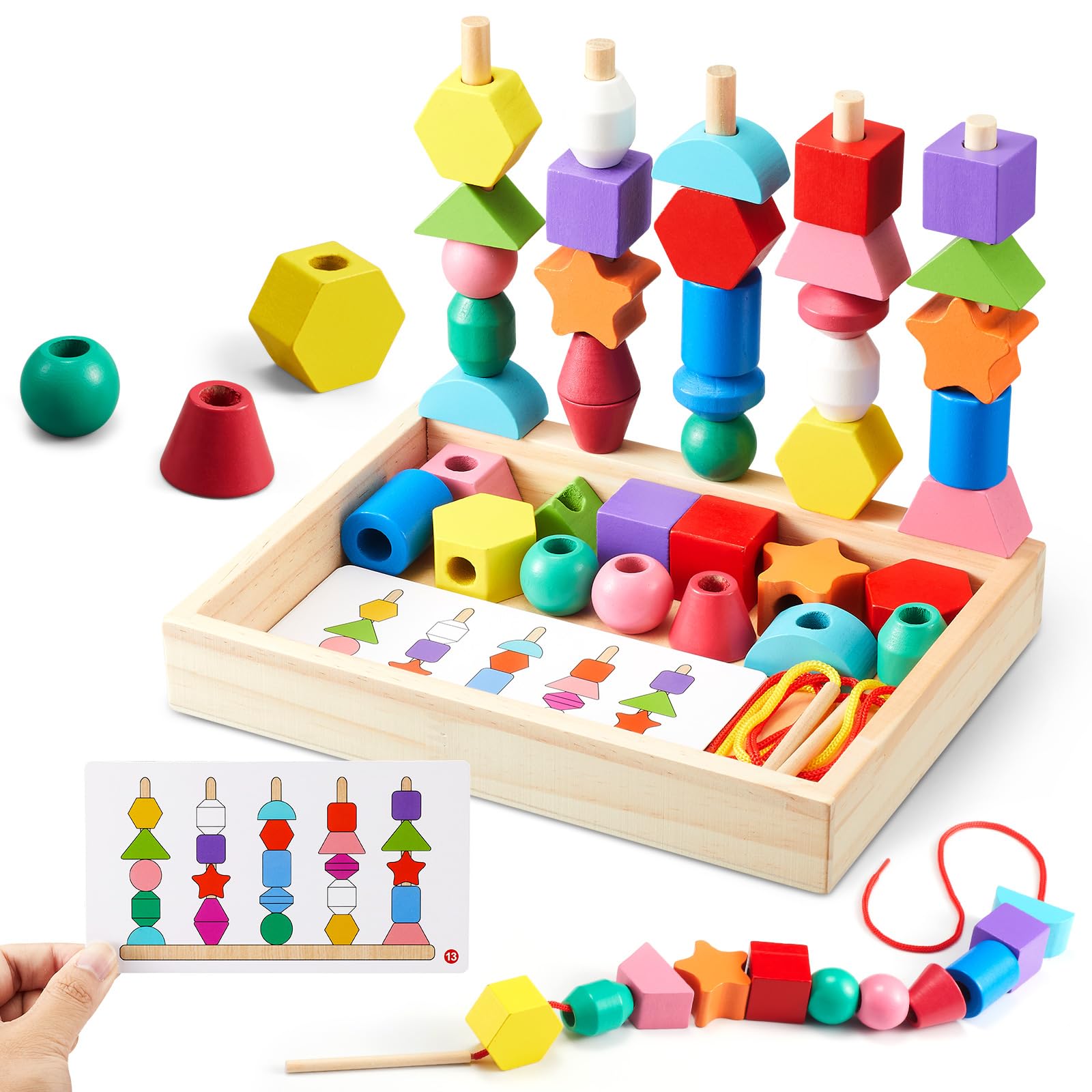 ZGIMI Montessori Spielzeug ab 3 4 5 Jahre Motorikspielzeug Fädelspiel Bausteine Sortierspiel für Kinder, Holz StapelspielFeinmotorik Lernspiele Geschenk für Baby Junge Mädchen （Mit Aufbewahrungsbox）