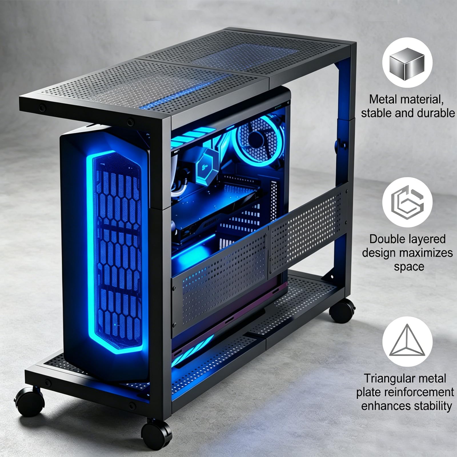Höhenverstellbarer Computer-Tower-Ständer 2-stöckig – ATX-Gehäuse-Ständer aus Kohlenstoffstahl mit 4 Rollen, für PC-Tower, Bodendrucker & Büroorganisation