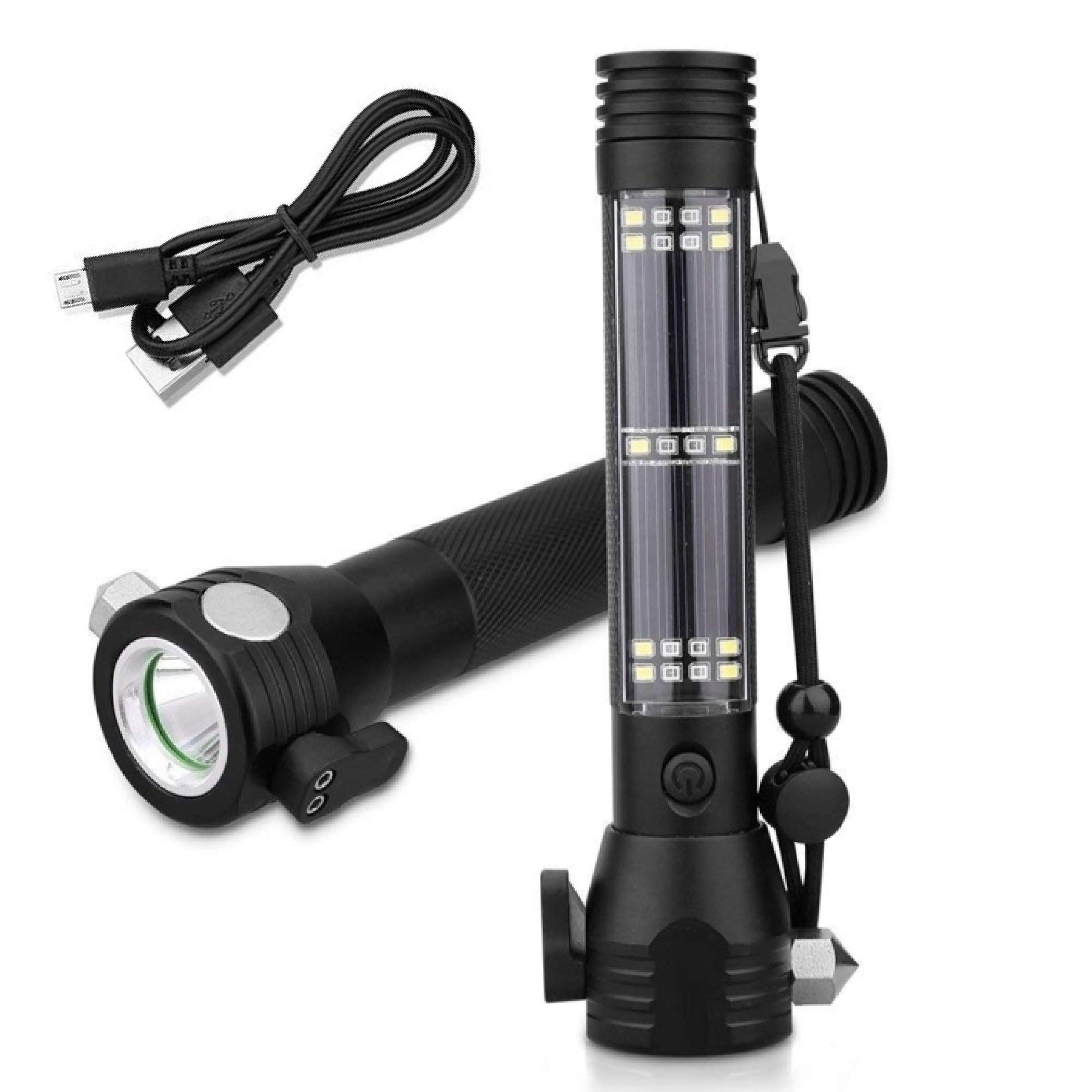 Aluminium 7 Mode Rechargeable Solar LED Torch Flashlight Long Beam Range High Power with Car Emergency Safty Tool to Escape Window Breaker Hammer, Seat Belt Cutter, Compass + USB Cable (Black)