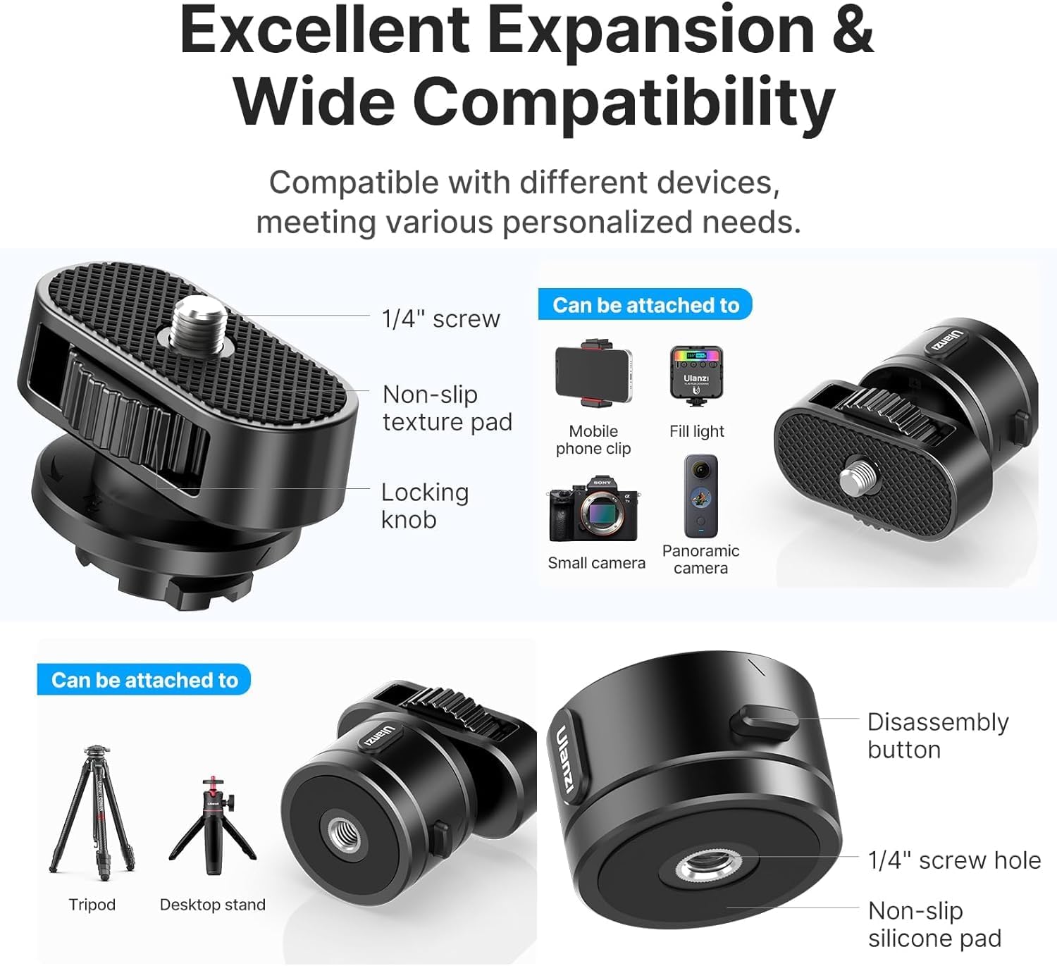 ULANZI Adaptador Go Quick II a 1/4 pulgadas, base Go Quick II de 1/4 pulgadas, tapa de liberación rápida, compatible con Go Quick II Selfie Stick/Tripod/Monopod/Cámara compacta/teléfono móvil/luz de