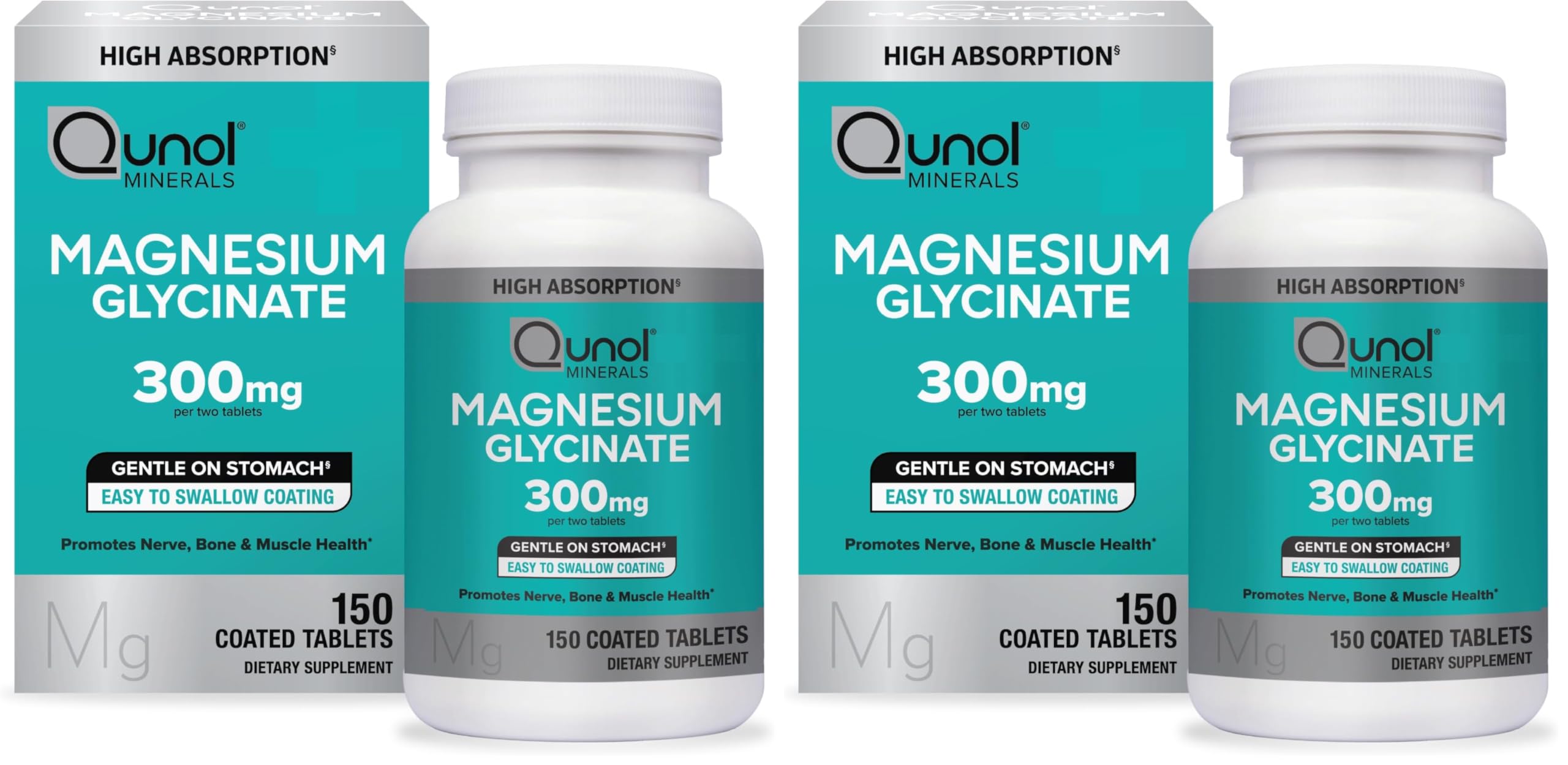 Qunol Magnesium Glycinate 300mg,100% Glycinate Chelated Magnesium Supplement,150ct Tablets,(Pack of 2) 150 Count (Pack of 2)