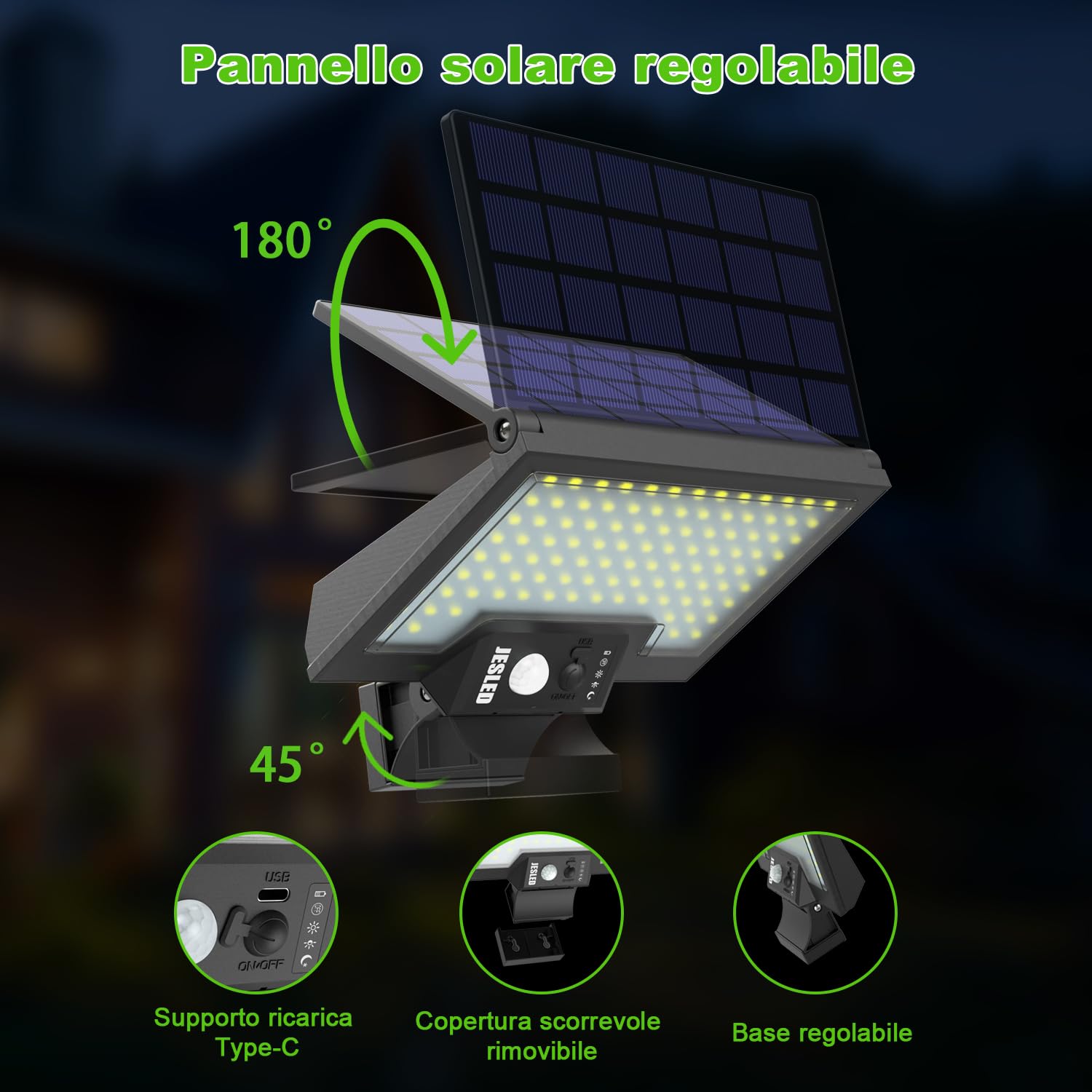 JESLED Luce Solare LED Esterno, 108LED Faretto con Sensore di Movimento, 2600mAh Lampada Girevole, 4 Modalità Luci Ricaricabile per Giardino