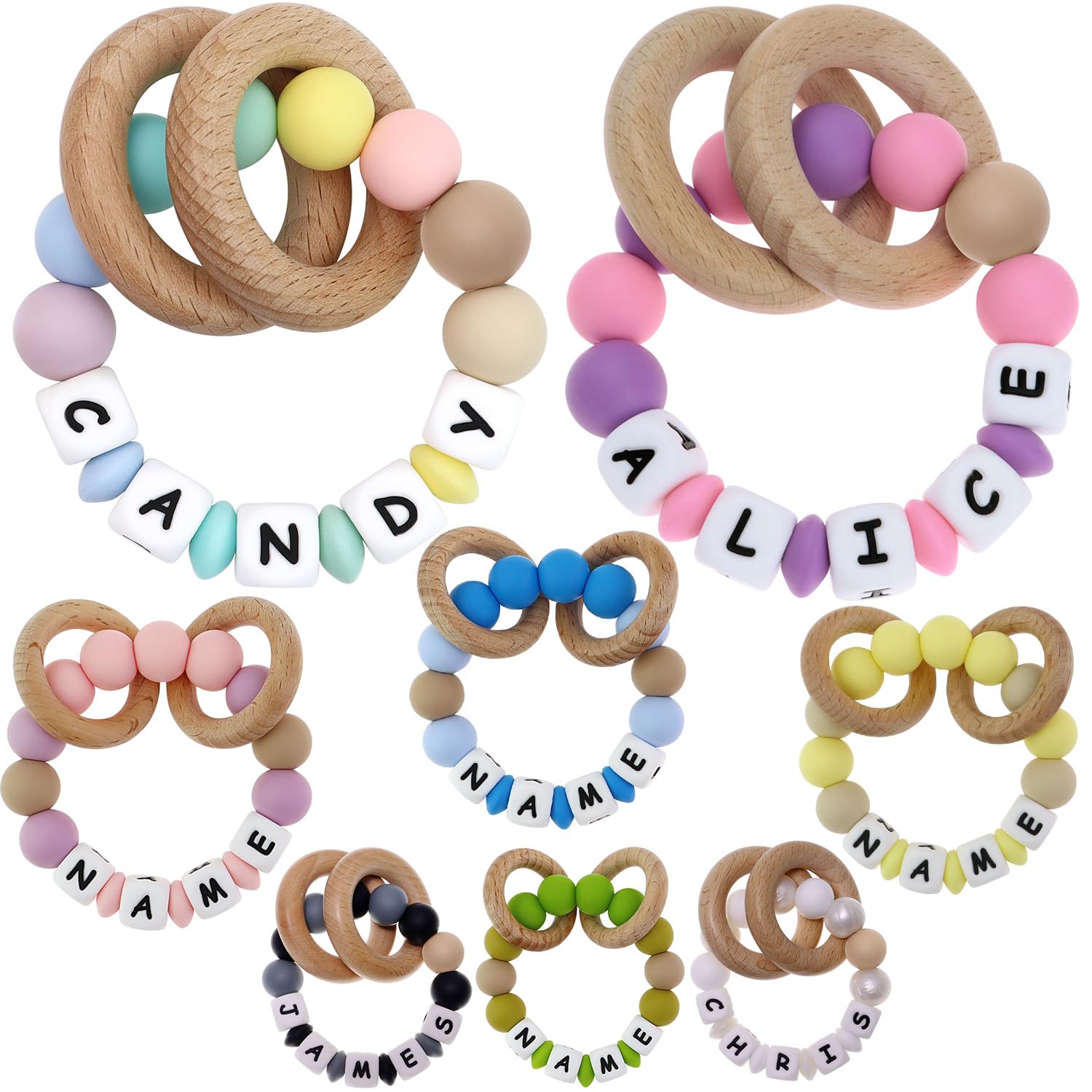 Personalized Baby Wrist Rattle Ring Keepsake with Name,Custom Rattle Teething Wooden Ring for Boys Girls Gift