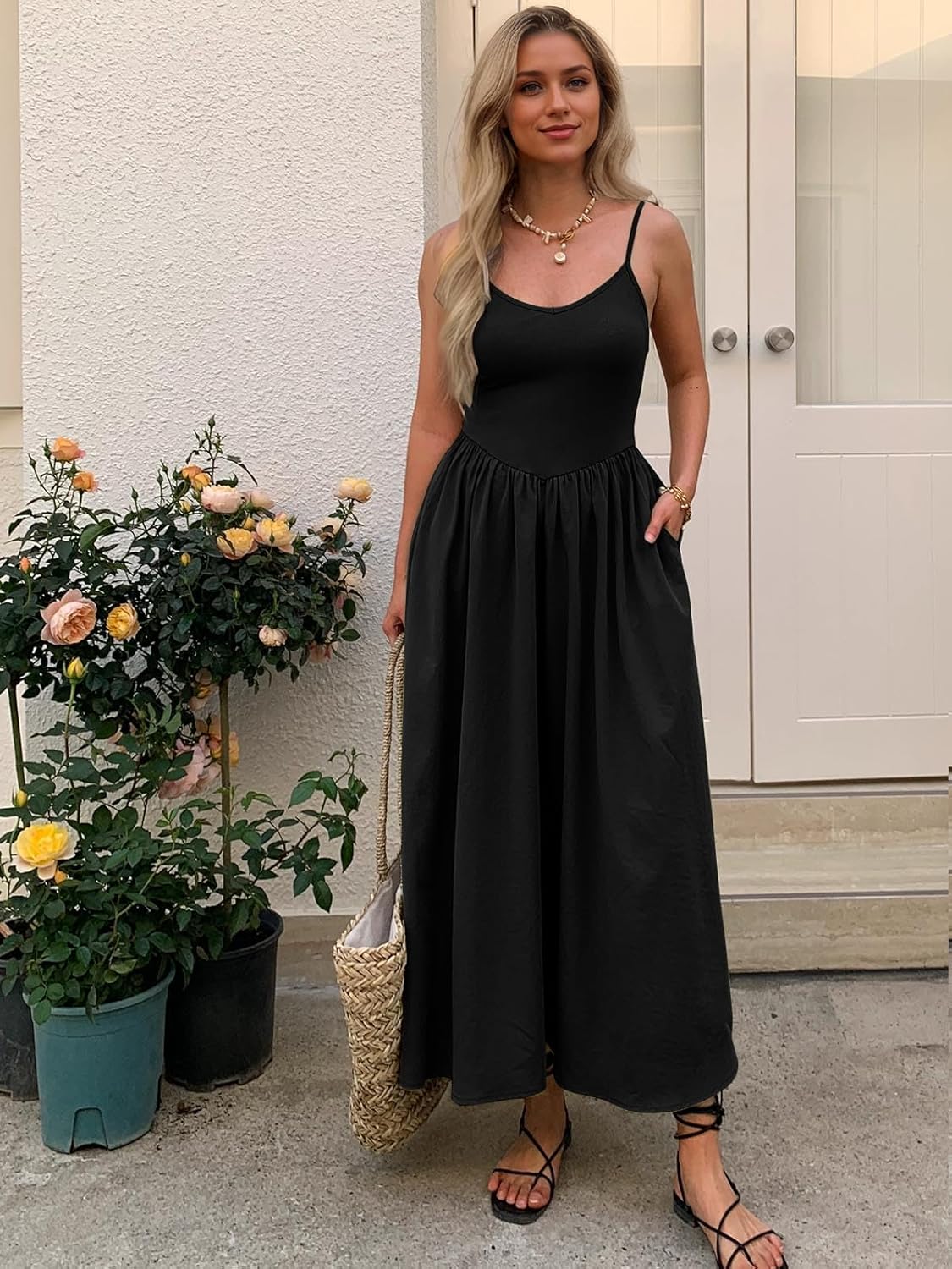 Women’s Sleeveless V-Neck Maxi Dress with Pockets – Slim Fit Casual Summer Spaghetti Strap Dress for Vacation - Image 5