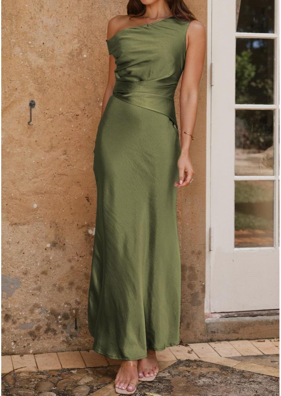 Women's Summer Elegant Satin Off Shoulder Sleeveless Maxi Dress Formal Cocktail Wedding Guest Long Dresses