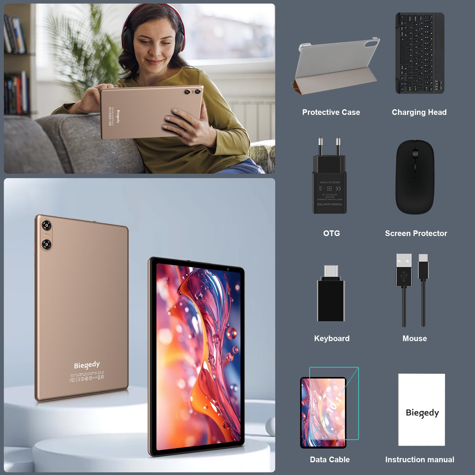 Tablet 10" Android 14 Octa-Core,20 GB RAM+128 GB ROM (TF 512 GB),5G WIFI 6丨6000mAh丨5MP+8MP丨Bluetooth5.0丨1280 * 800, Tablet with Klawiatura Mysz Złoto