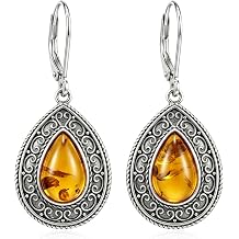 Genuine Amber Dangle Earrings for Women, Sterling Silver Vintage Baltic Amber Drop Earrings, Boho Southwestern Jewelry Gift