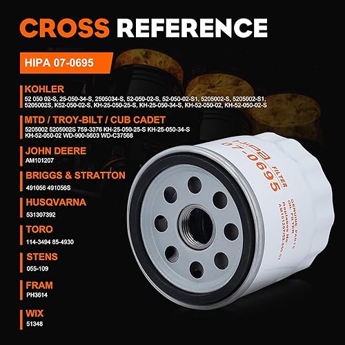 Miniatura 2 de Hipa 52 050 02-S Filtro de aceite para Kohler 7000 HD serie 2000 Kohler CH11-CH15 CV11-CV22 M18-M20 MV16-MV20 y K582 motor cortacésped Cub Cadet