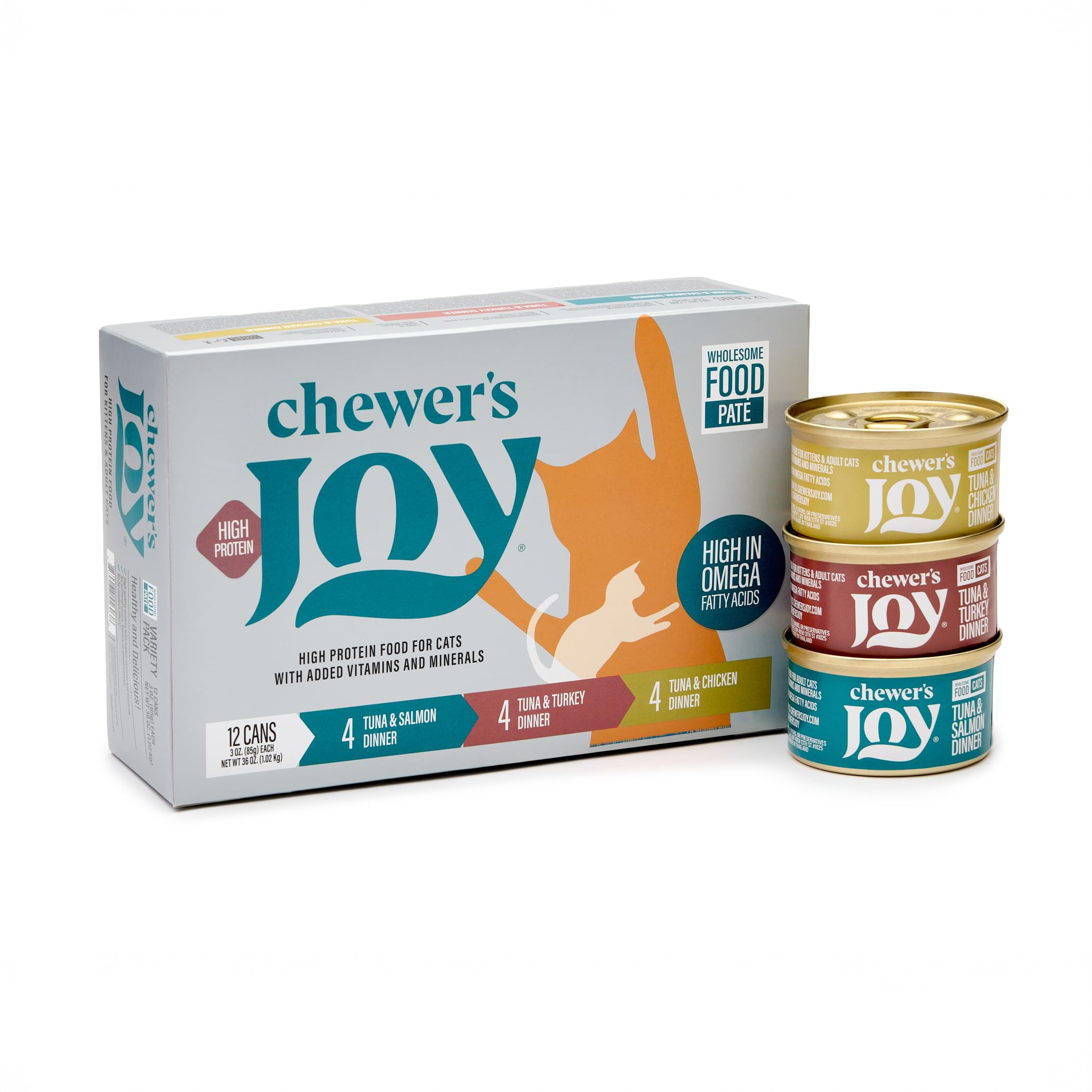 Chewer's Joy Wet Cat Food Variety Pack – 12 Cans, 3 Flavors: Tuna and Salmon, Turkey or Chicken – Natural Pate – High Protein – Complete Nutrition for Cats