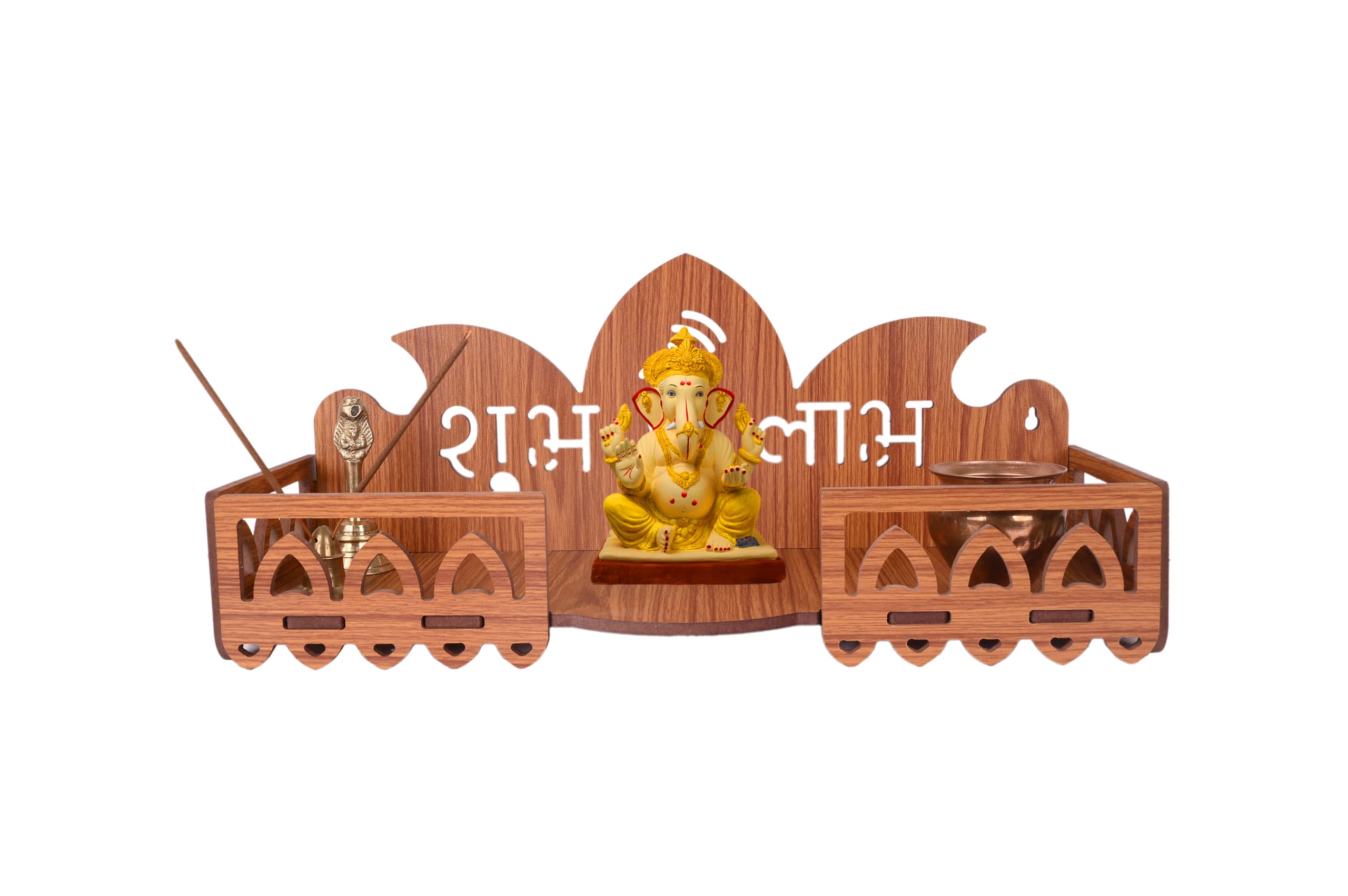 AR ART Wooden Polished Temple Shubh Laabh Design Temple for Home & Office Puja Mandir for Home Wall Mounted (L-16.5, W-6, H-6.50Inch) (Light Brown) Style_29 2