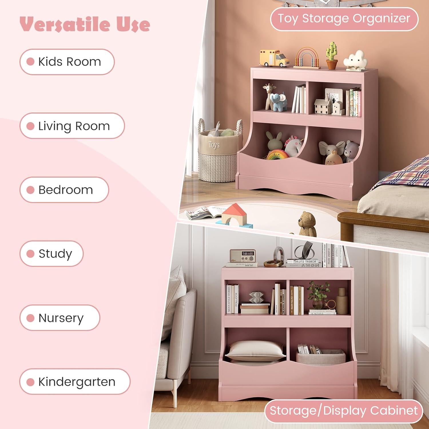 HONEY JOY Kids Toy Storage Organizer, 4-Cubby Wooden Bookcase Cabinet, 2-Tier Open Daycare Shelf for Preschool, Kids Display Bookshelf for Bedroom, Playroom, Classroom & Nursery (Pink)