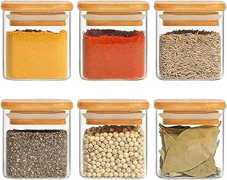 Airtight clear glass storage canister with wood lid food storage container jar with sealing bamboo lid for kitchen storage and multipurpose use (220ML SQUARE JAR, 6 PCS)