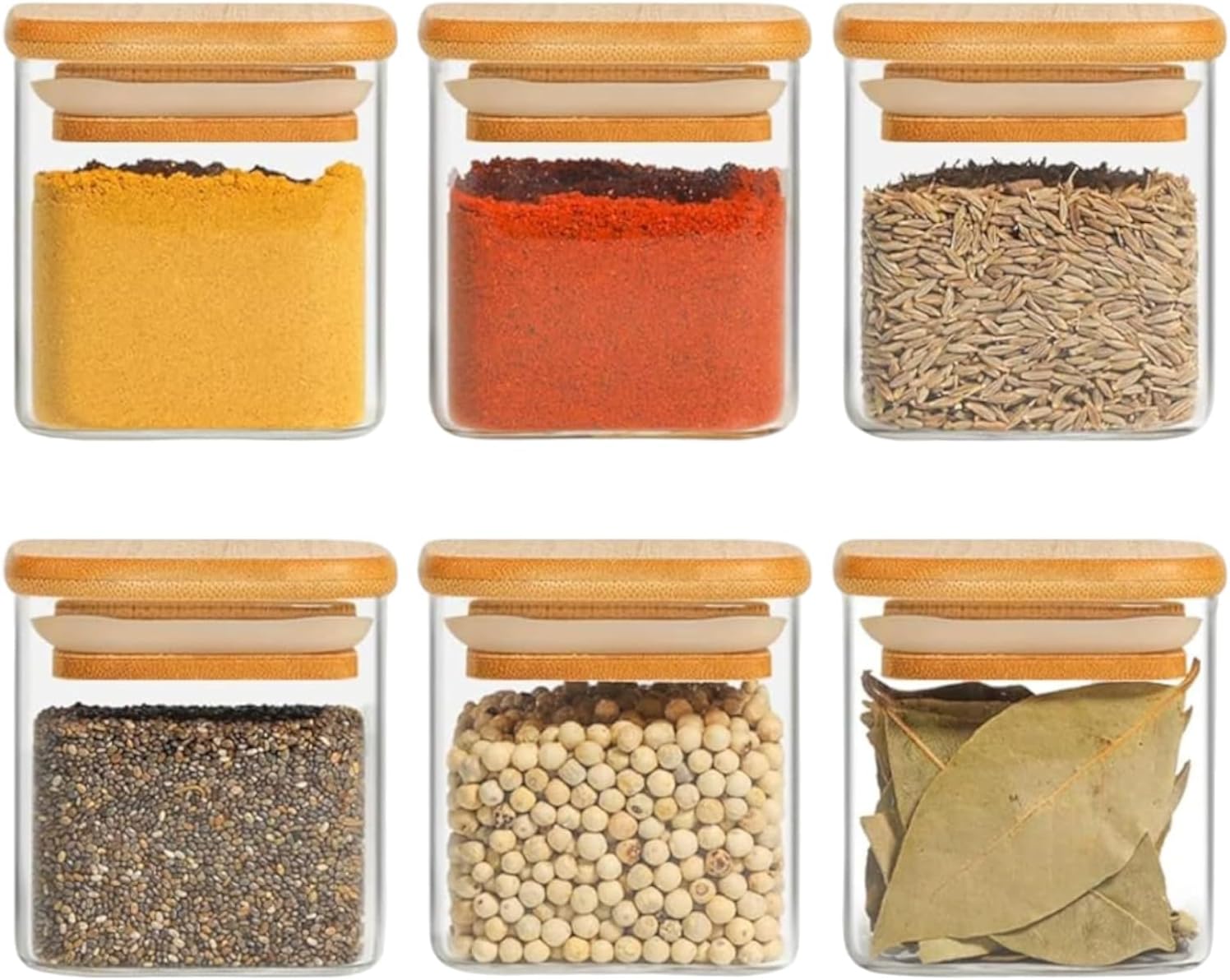 Airtight clear glass storage canister with wood lid food storage container jar with sealing bamboo lid for kitchen storage and multipurpose use (220ML SQUARE JAR, 6 PCS)