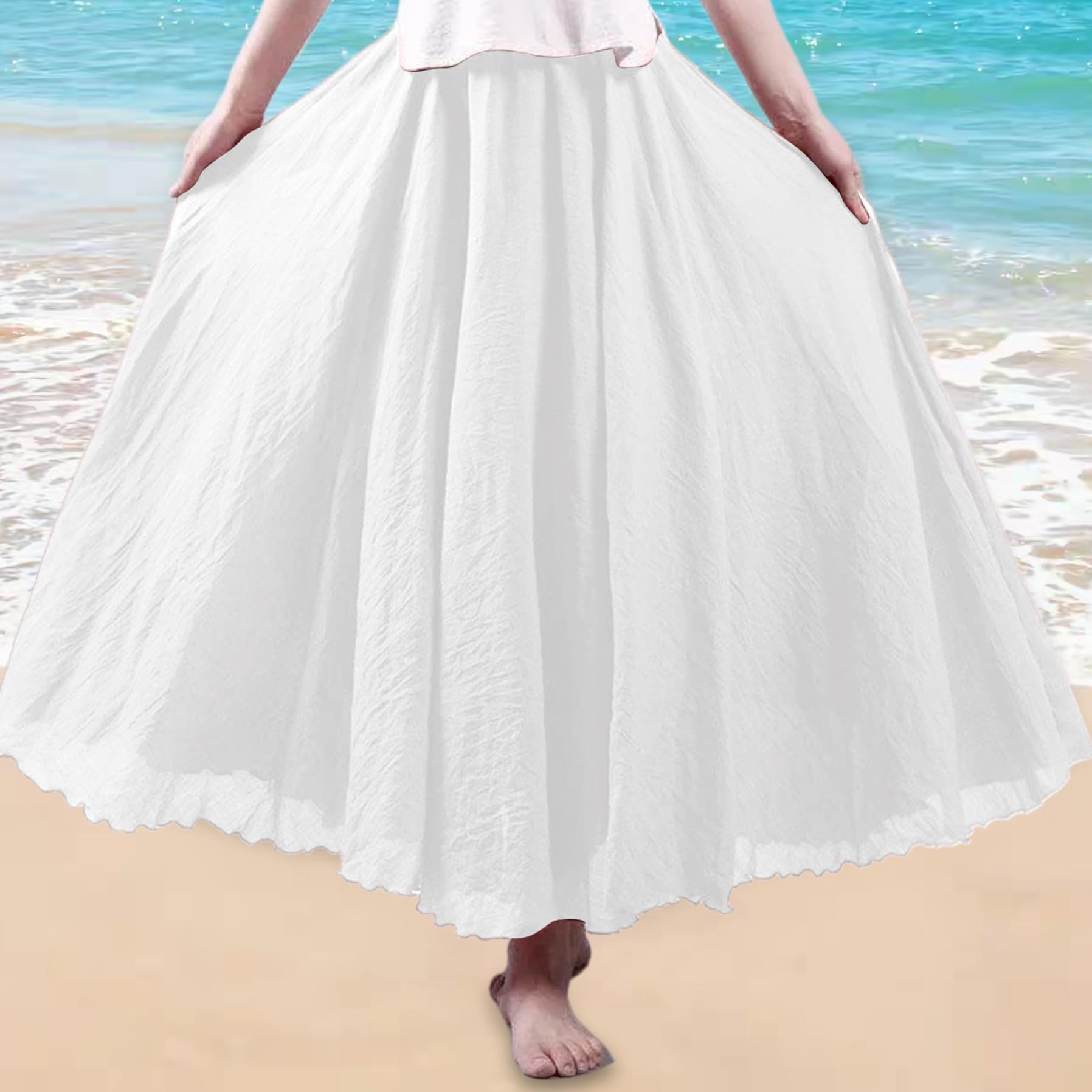 Jupe longue en lin jupe longue bohème blanche à plis coupe trapèze double épaisseur taille élastique 85 cm fluide pour la plage