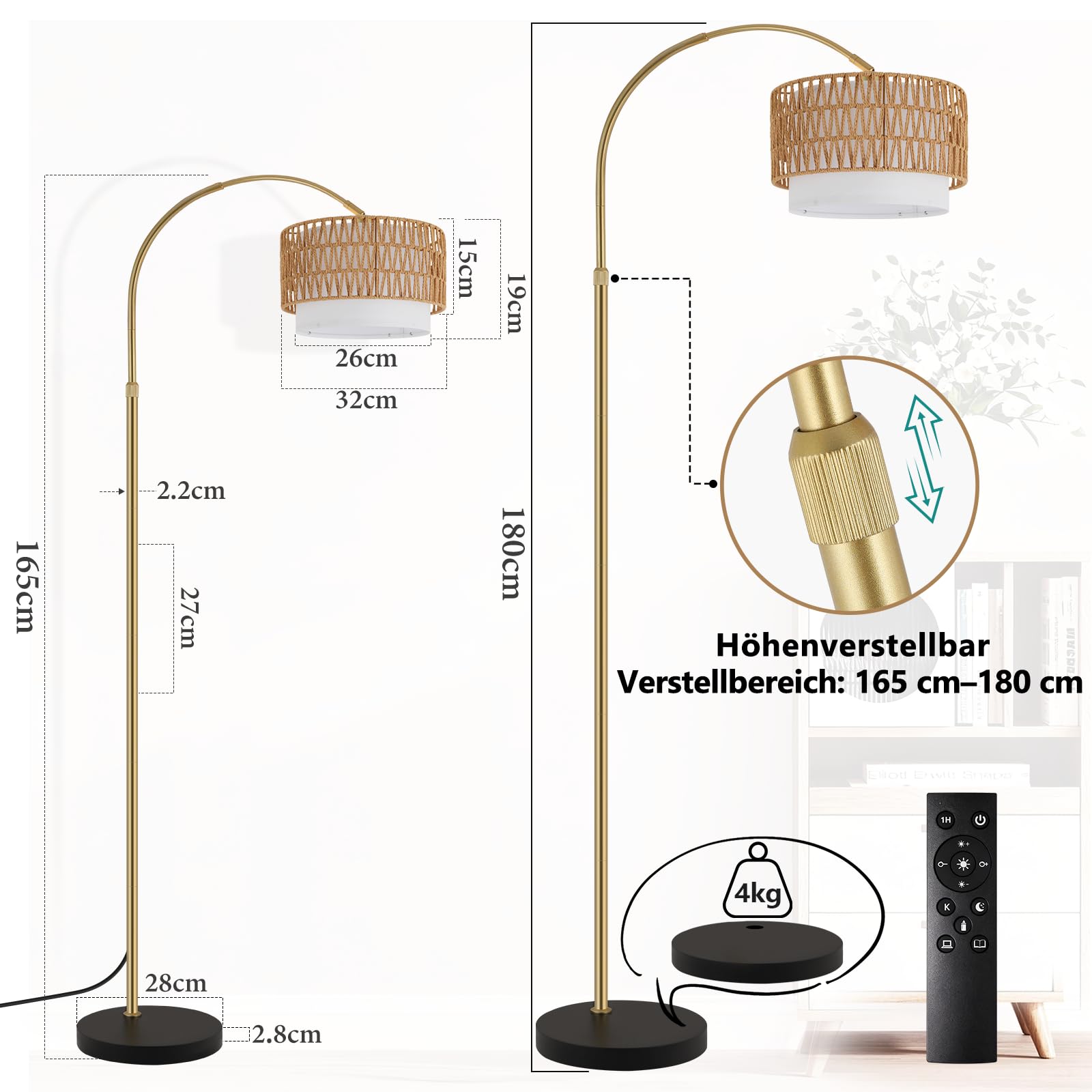 Lampada da terra ad arco per soggiorno, stile boho dorato: lampada da terra in rattan, dimmerabile con telecomando, lampada ad arco incl. 1 LED da 9 W adatta per ufficio e camera da letto