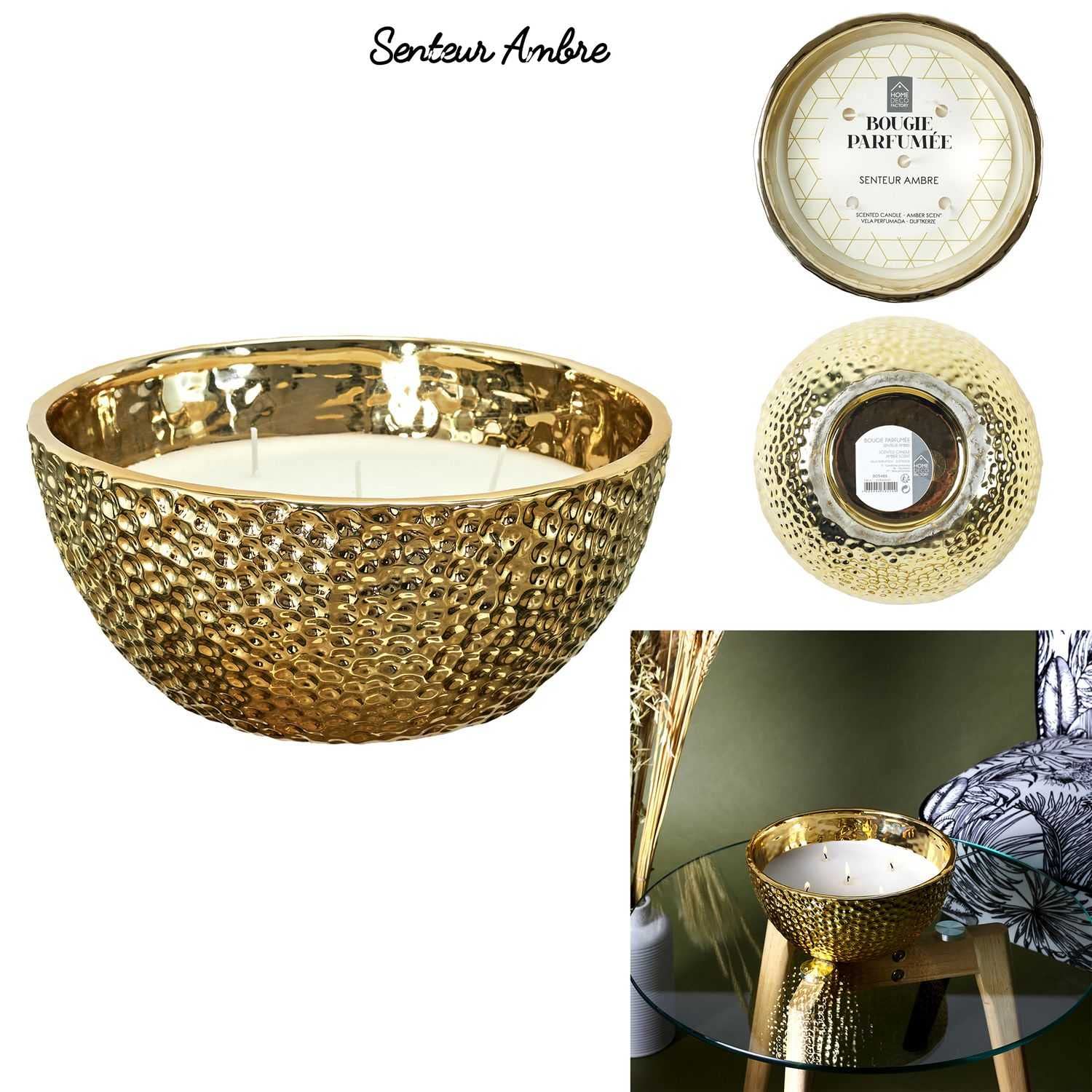 HOME DECO FACTORY - BO5486 Vela Perfumada Martillada Dorada 5 Mechas - Aroma Ámbar - Cera de Parafina - Tarro de Cerámica - Tiempo de Combustión 25h - Ø 21 cm - Color Amarillo