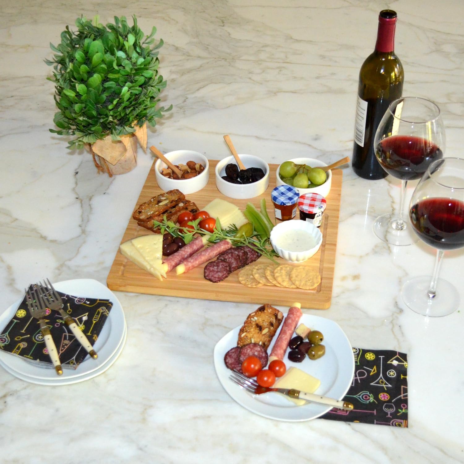Picnic at Ascot Bamboo Cheese Board/Charcuterie Platter - Includes 3 Ceramic Bowls with Bamboo Spoons - 13" x 13" - Designed and Quality Checked in the USA