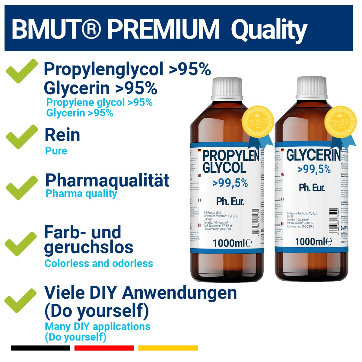 1000ml Glycerin + 1000ml Propylenglycol in Pharmaqualität | >99,5% | Rein | E422 + E1520 DIY