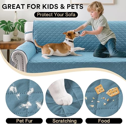 Miniatura 5 de PrinceDeco Funda de sofá reversible lavable para sofá de 2 plazas, protector de muebles con correas elásticas para mascotas, niños, perros y gatos
