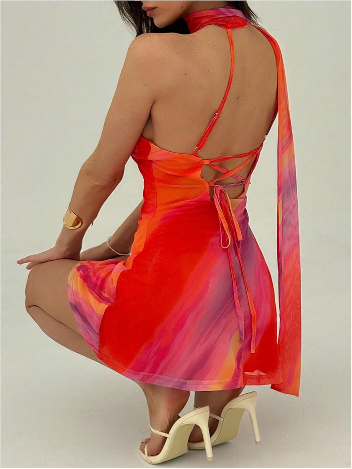 MakeMeChic Women's Summer Y2k Mini Dress Backless Vacation Dress One Shoulder Mesh Dress with Scarf - Image 2