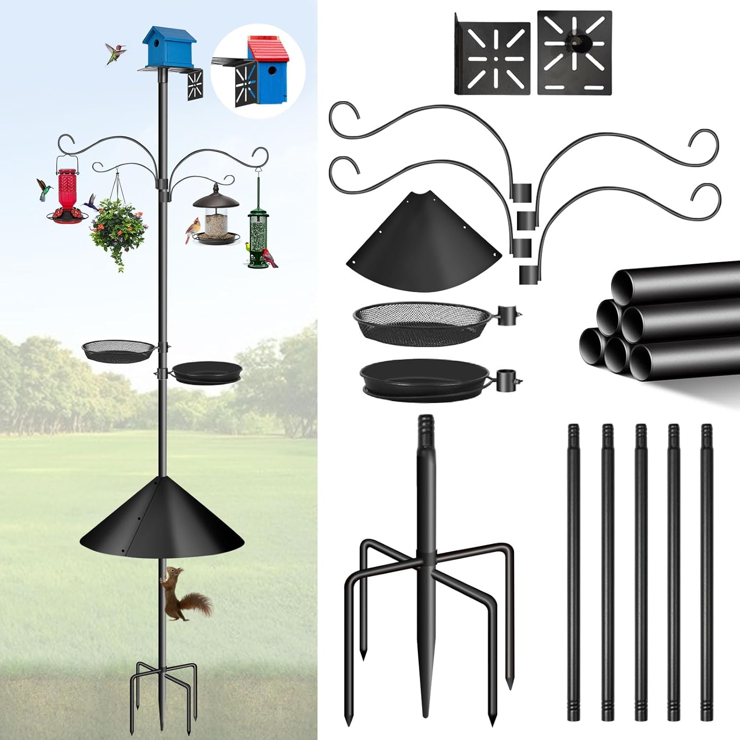 92 Inch Bird Feeder Pole Squirrel Proof, Heavy Duty Bird House Feeder Pole Adjustable Stand with 4 Shepherds Hooks 2 Mental Bird Tray Birdbath