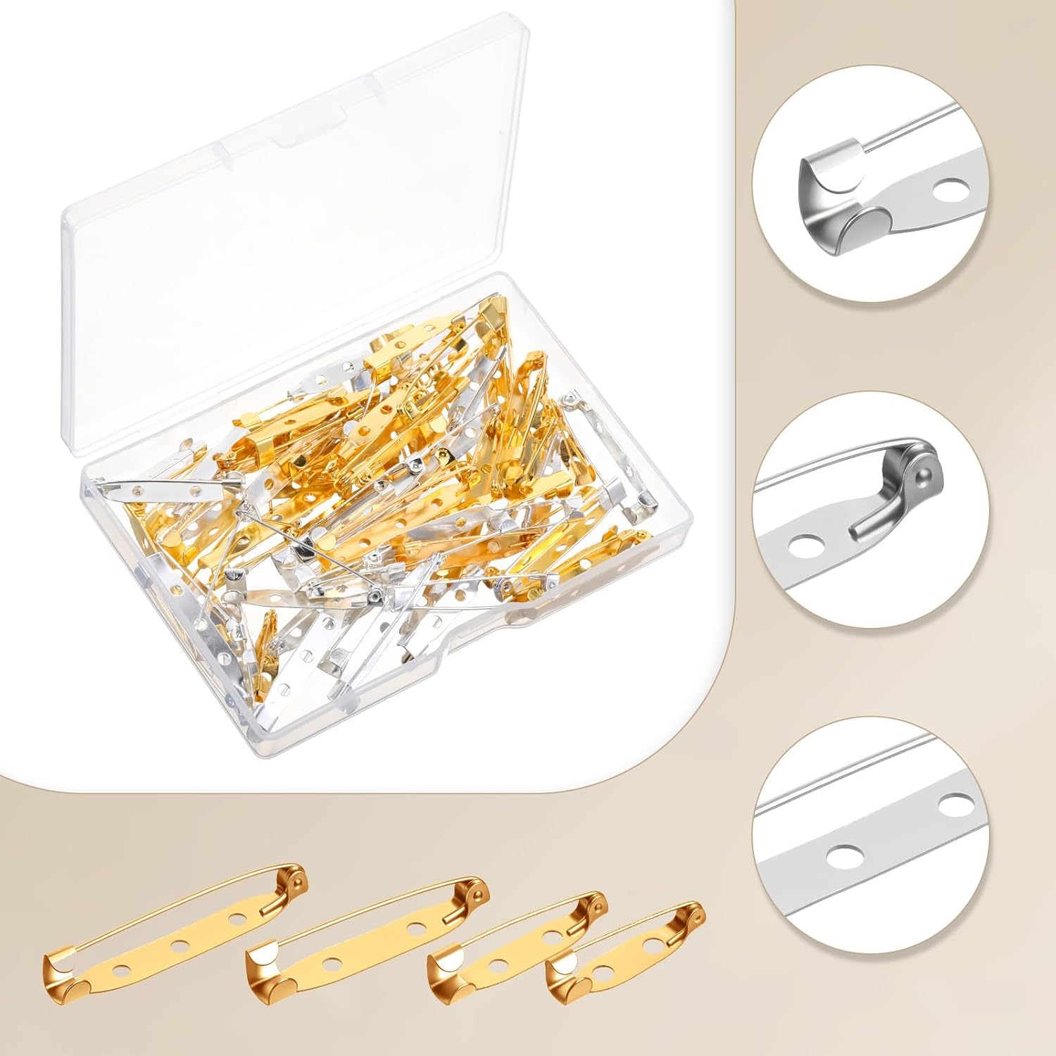 80 PCS Brooch Pin Backs with Plastic Box, 4 Sizes 20/25/32/38mm Metal Bar Pins Backs Safety Locking Clasp Pin Backing for Badge Name Tag DIY Jewelry Making Craft Supplies, Silver and Gold