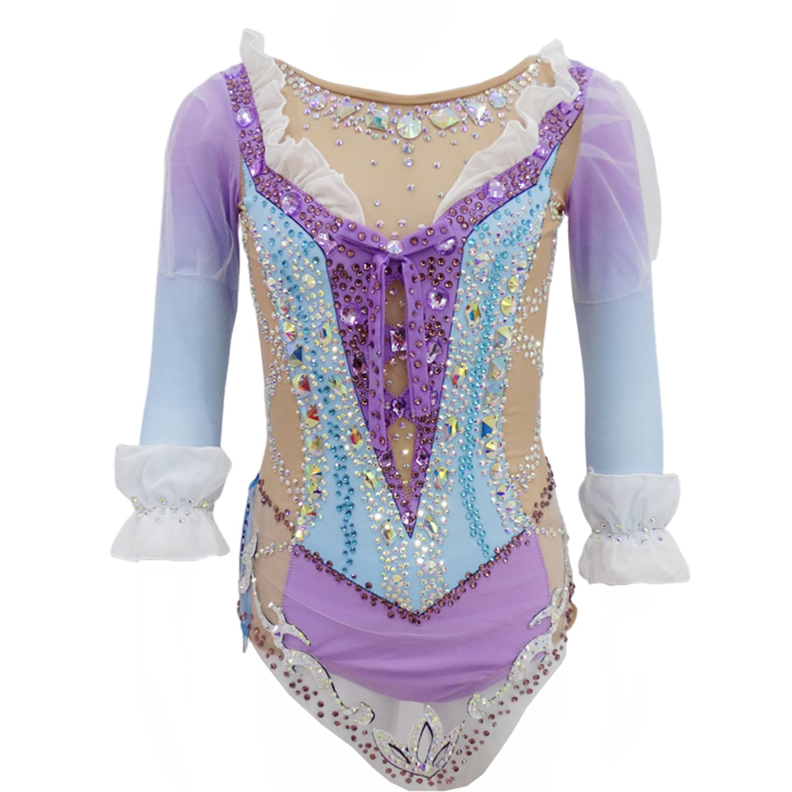 LIUHUO Maillot de gimnasia rítmica cuello redondo mangas tres cuartos borlas rendimiento competición
