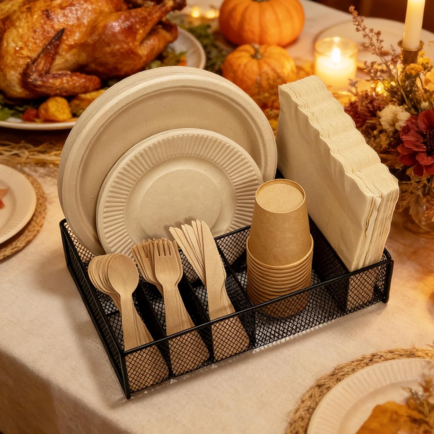 Paper Plate Organizer for Countertop - Metal Utensil Caddy Silverware Holder Cutlery Flatware Plastic Spoon Fork Plates Napkins Cup Storage Dispenser Party Picnic Essentials Camping Supplies