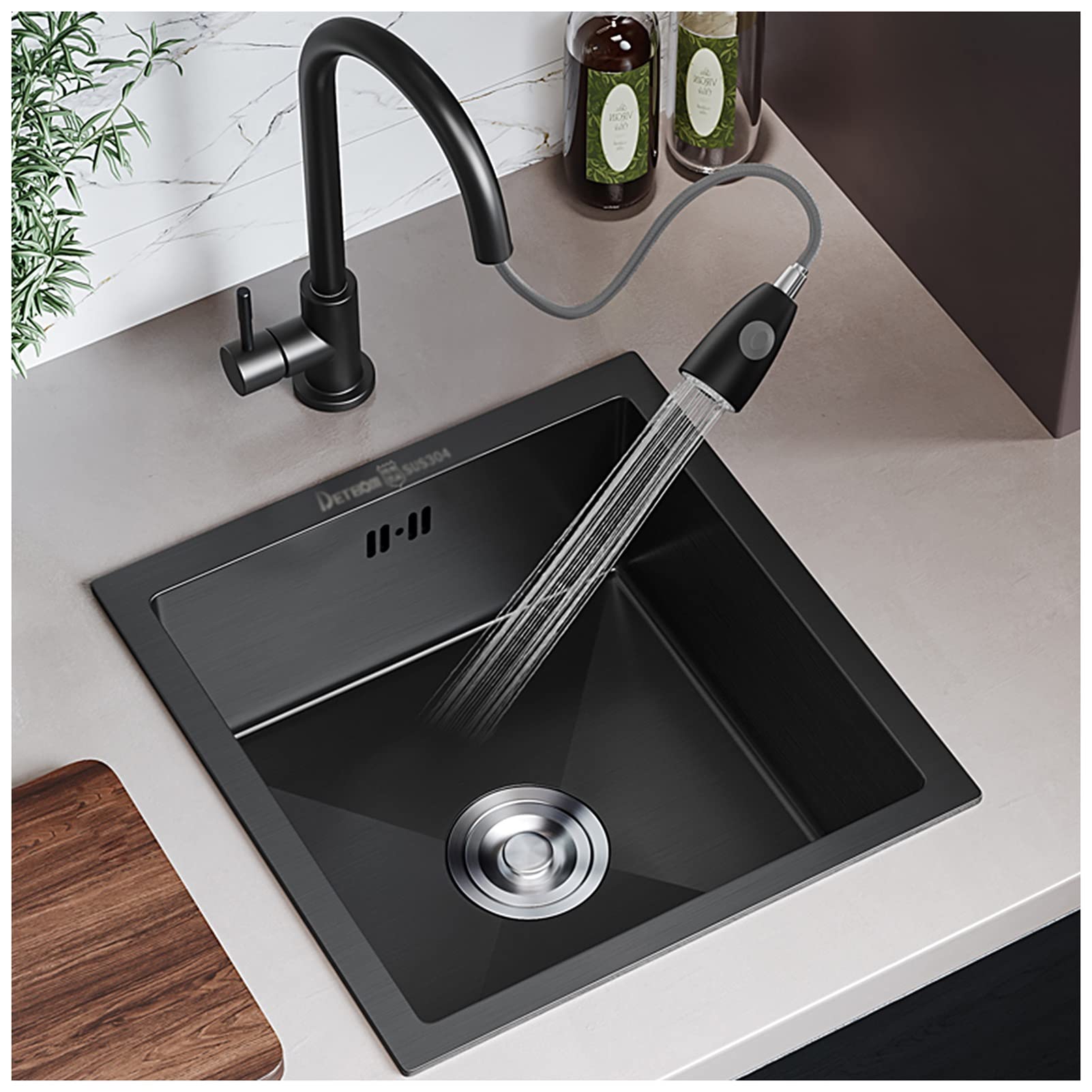 WIQUYBML Bar Sink With Faucet Undermount Kitchen Manual Hand Wash Basin 304 Stainless Steel Single Bowl RV (Color : Black, Size 46x25x15.5cm)