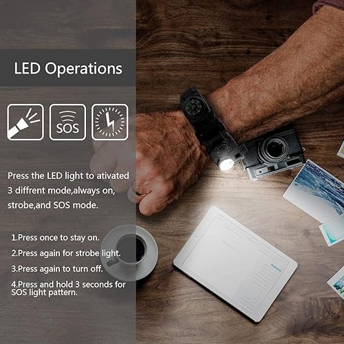 Miniatura 21 de Kit de equipo ajustable de pulsera de paracaídas de supervivencia 20 en 1 con luz LED SOS, iniciador de fuego, brújula más grande, silbato de Camo