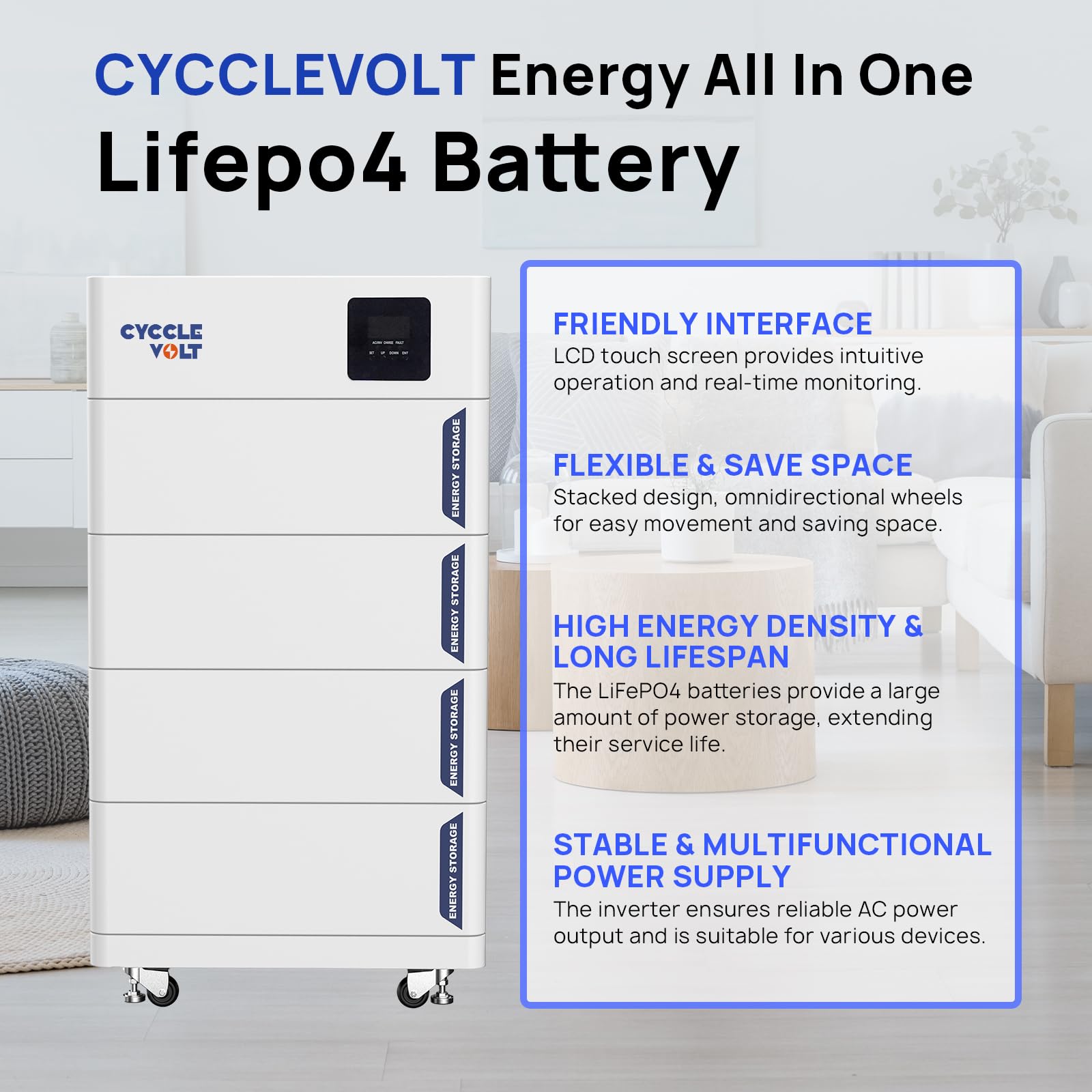 CYCCELEVOLT Wechselrichter 5000W mit 5KWh LiFePO4 Batterie, 5KWh Stapelbarer PV speicher,modulare Erweiterbarkeit, LCD-Bildschirm, Klasse-A-Zellen, Perfekt für Solaranlagen,Inselanlage,balkonkraftwerk