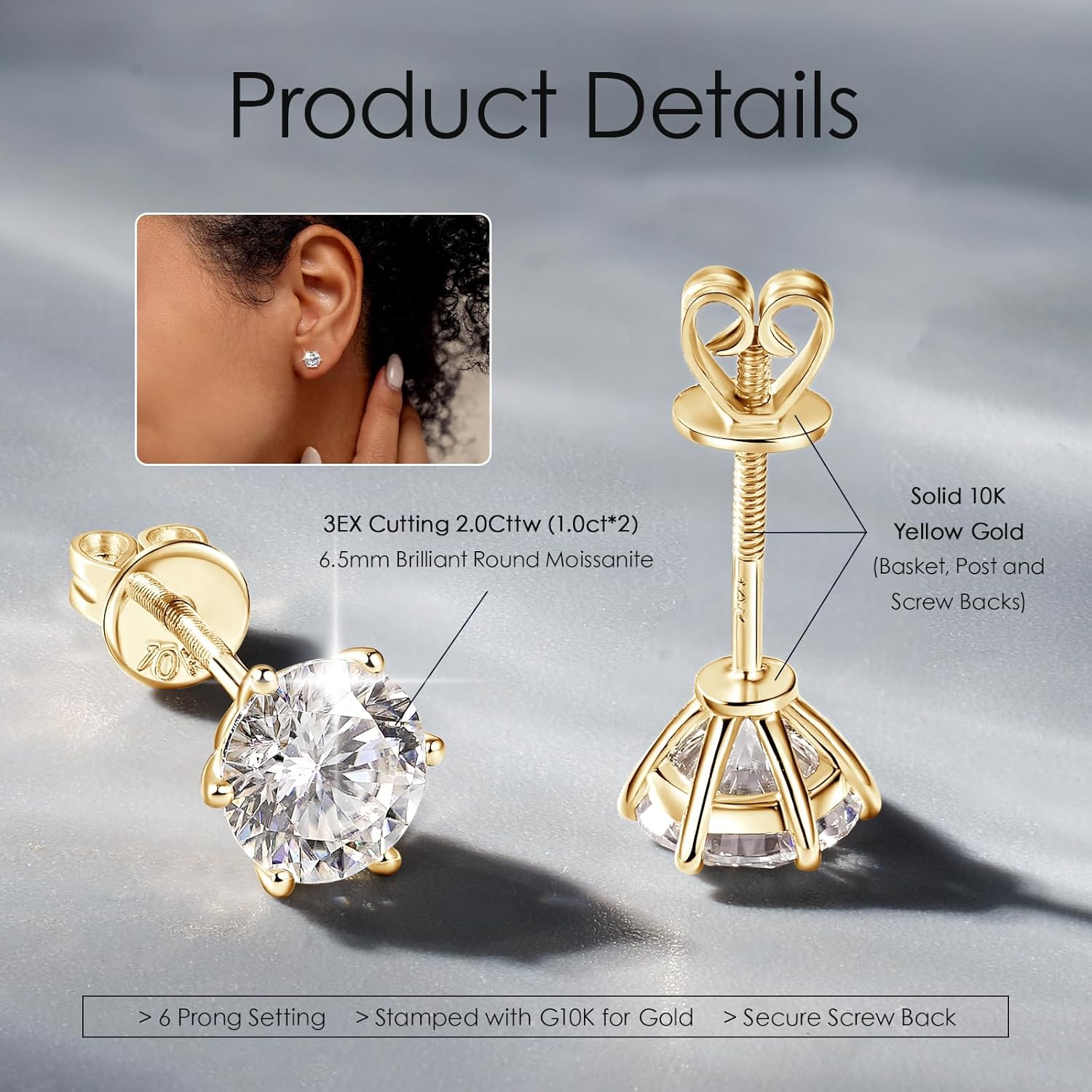 10K or 14K Solid Gold Studs Moissanite Earrings for Men | 1-2 Carat Round Lab Created Moissanite Simulated Diamond Real Gold Stud Earrings Screw Backs for Women