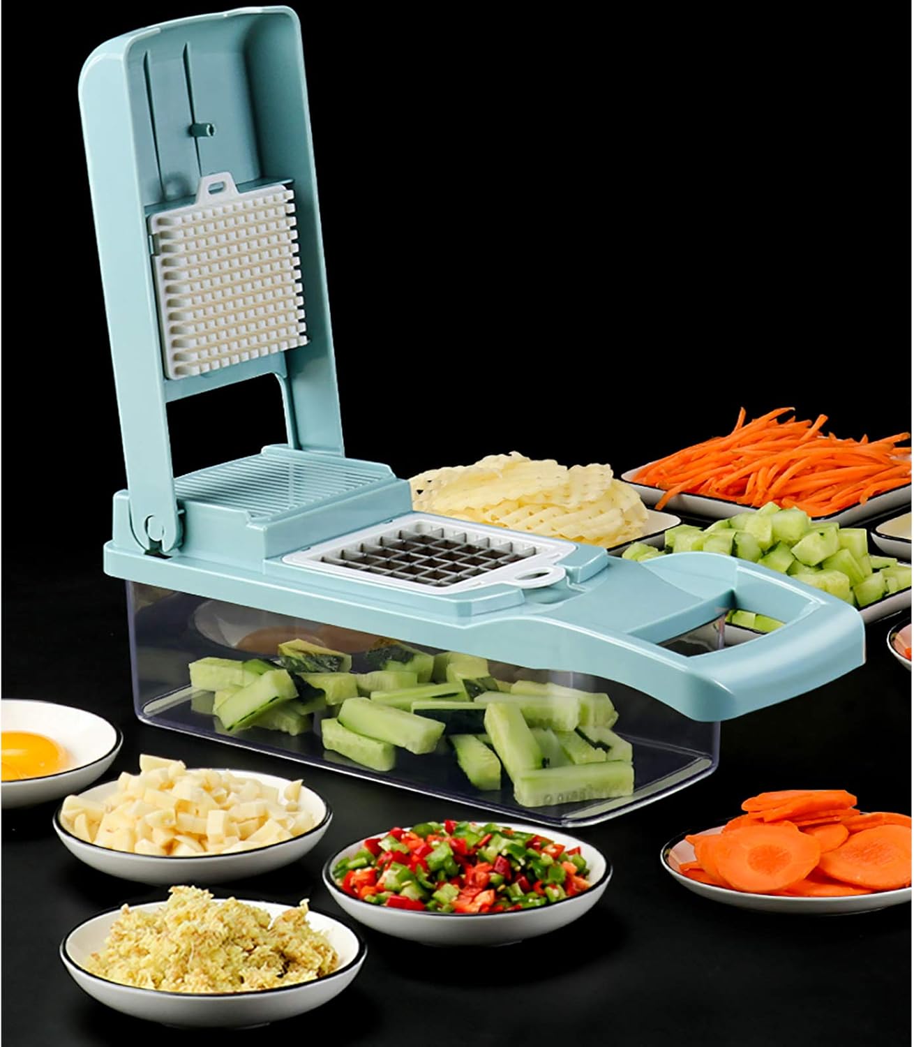 Potato Cutter Spiralizer for Garlic Tomato Vegetable Chopper Dicer Onion Slimming Manual Food Chopper Multifunctional Mandolin Slicer Scraper with Cleaning Brush and Container, Blue, 32 x 11 x 11 cm