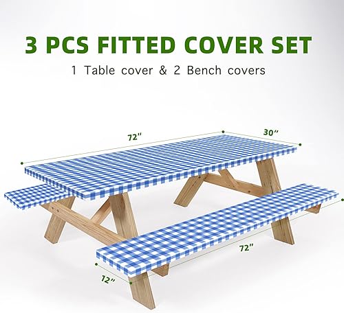 Miniatura 5 de UMINEUX Funda rectangular para mesa de picnic con fundas de banco, mantel de vinilo ajustable para mesas de 6 pies, impermeable, respaldo de
