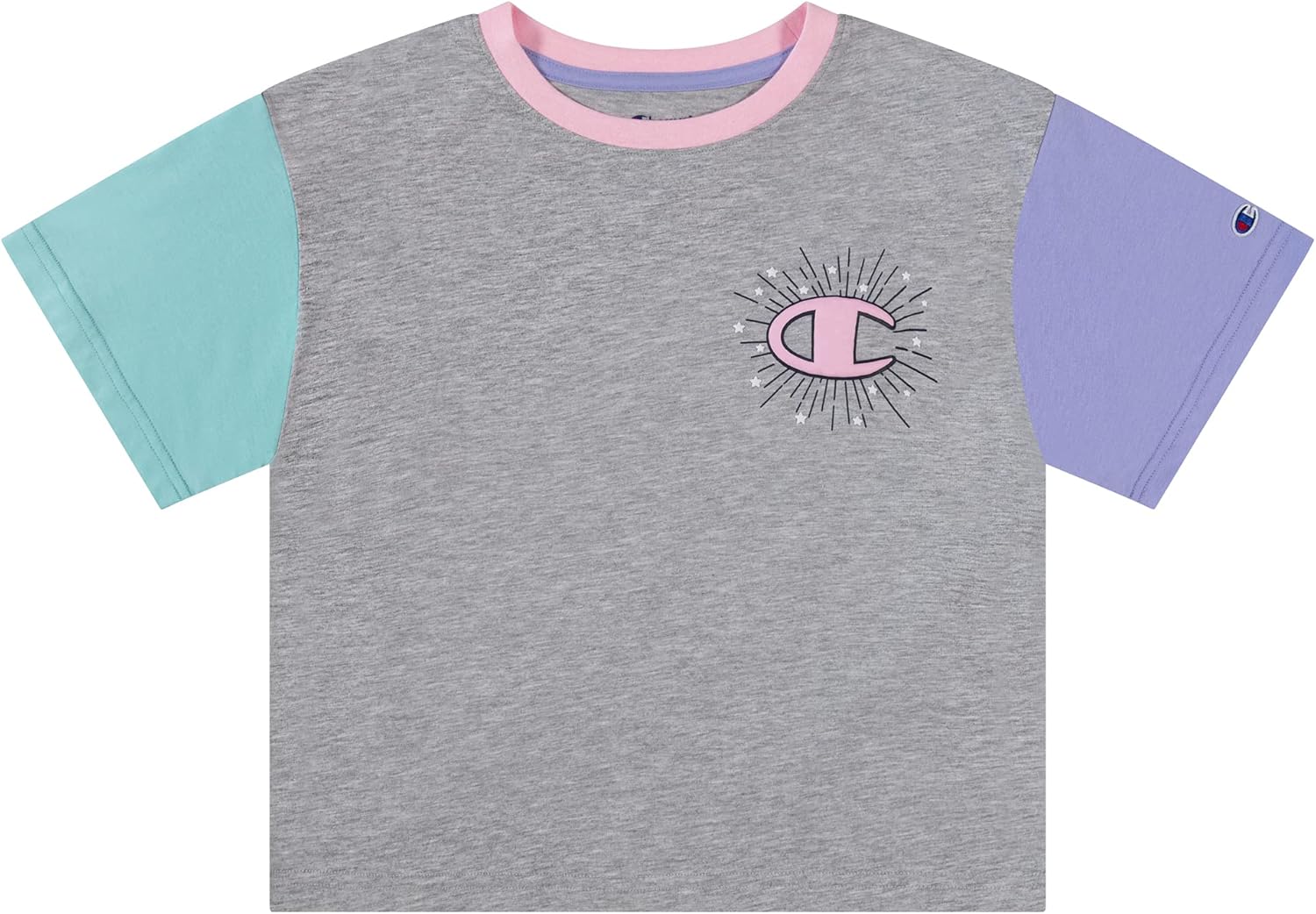 Champion Kids Clothes Girls Original Boxy Script Tee (Large, Oxford Heather Colorblock Sunburst)
