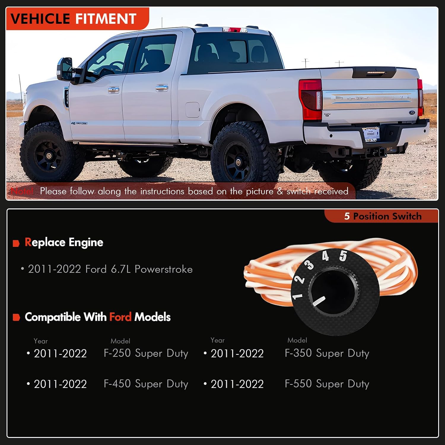 SOTF Switch Compatible with Ford 6.7L Powerstroke F-250 F-350 F-450 F-550 Super Duty 2011-2022, 5-Position Shift-On-The-Fly Fuel Temp Selector Switch with Connector